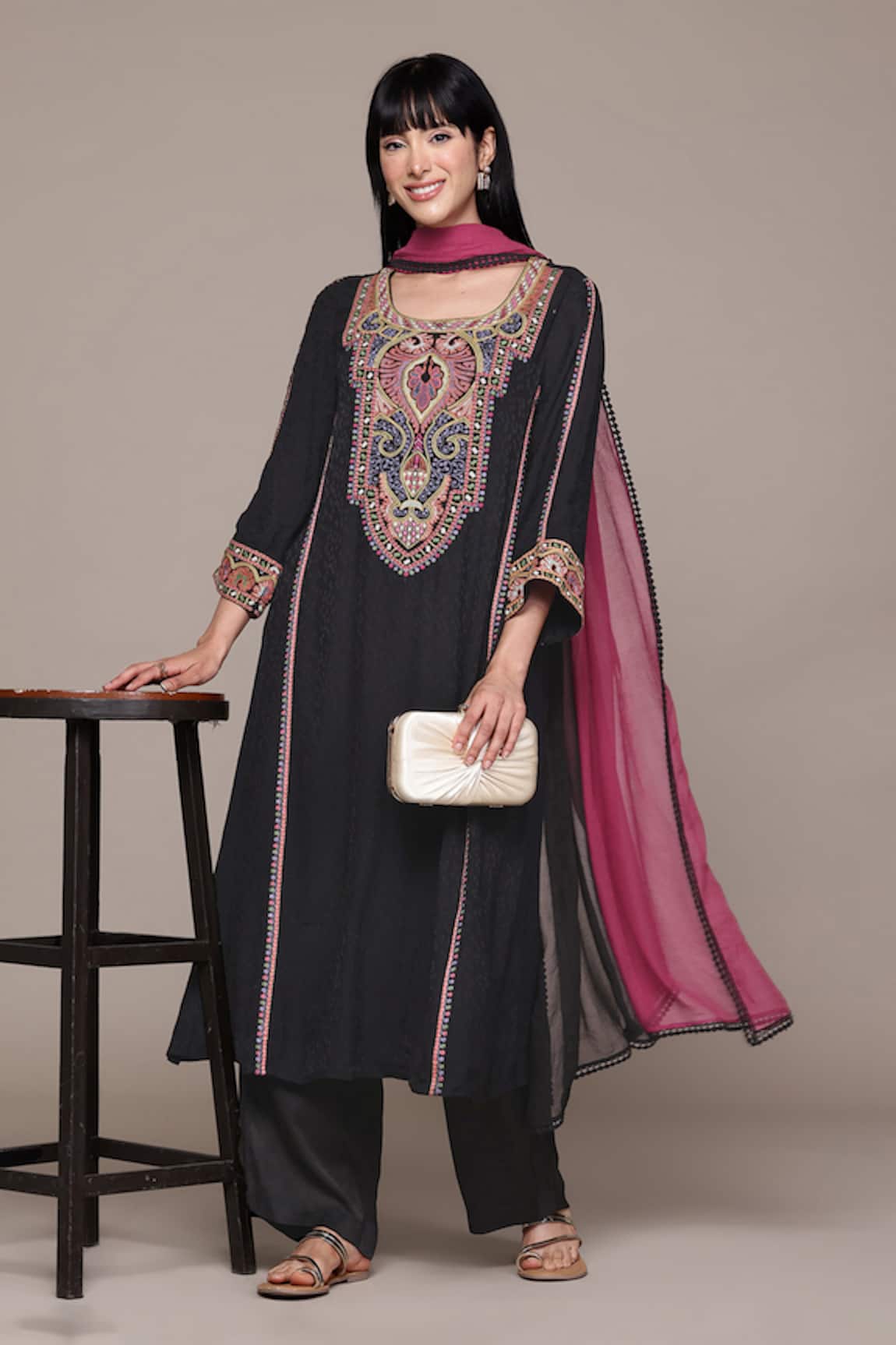 Ritu Kumar Black Arith Solid Kurta Set 