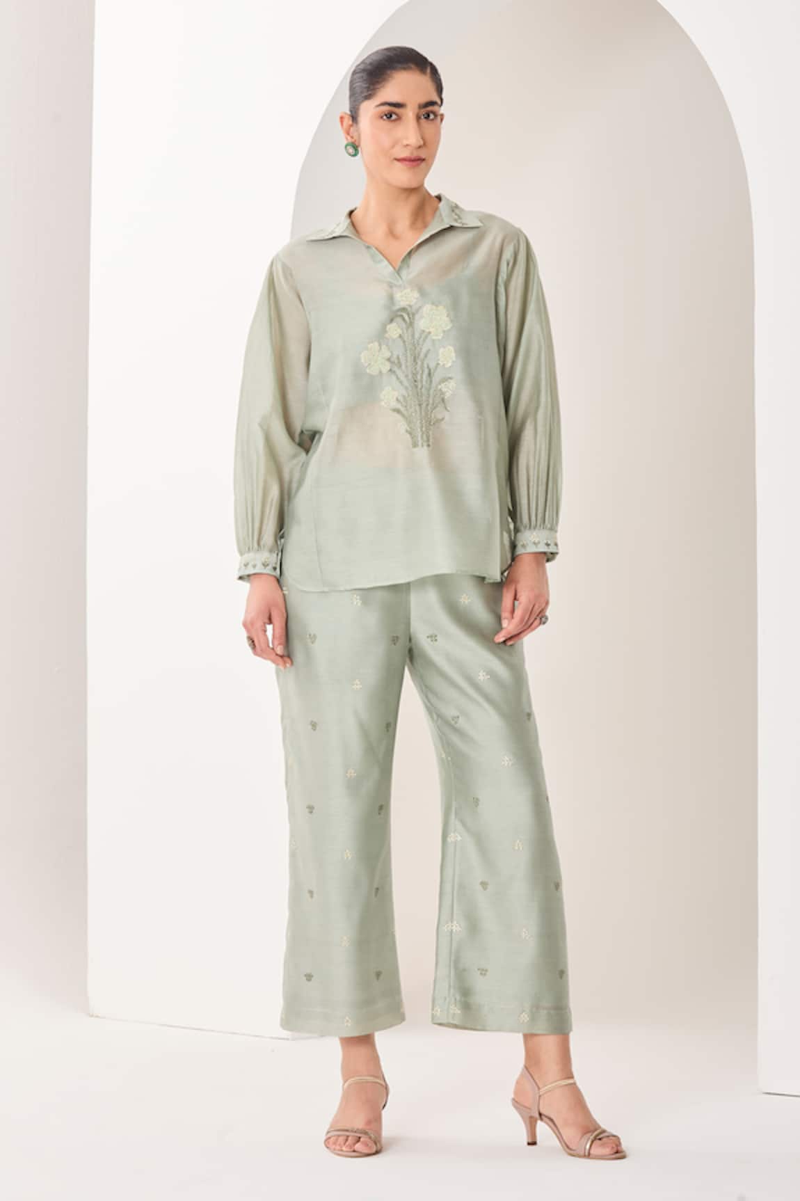 Sue Mue Sage Green Handwoven Silk Chanderi Set 