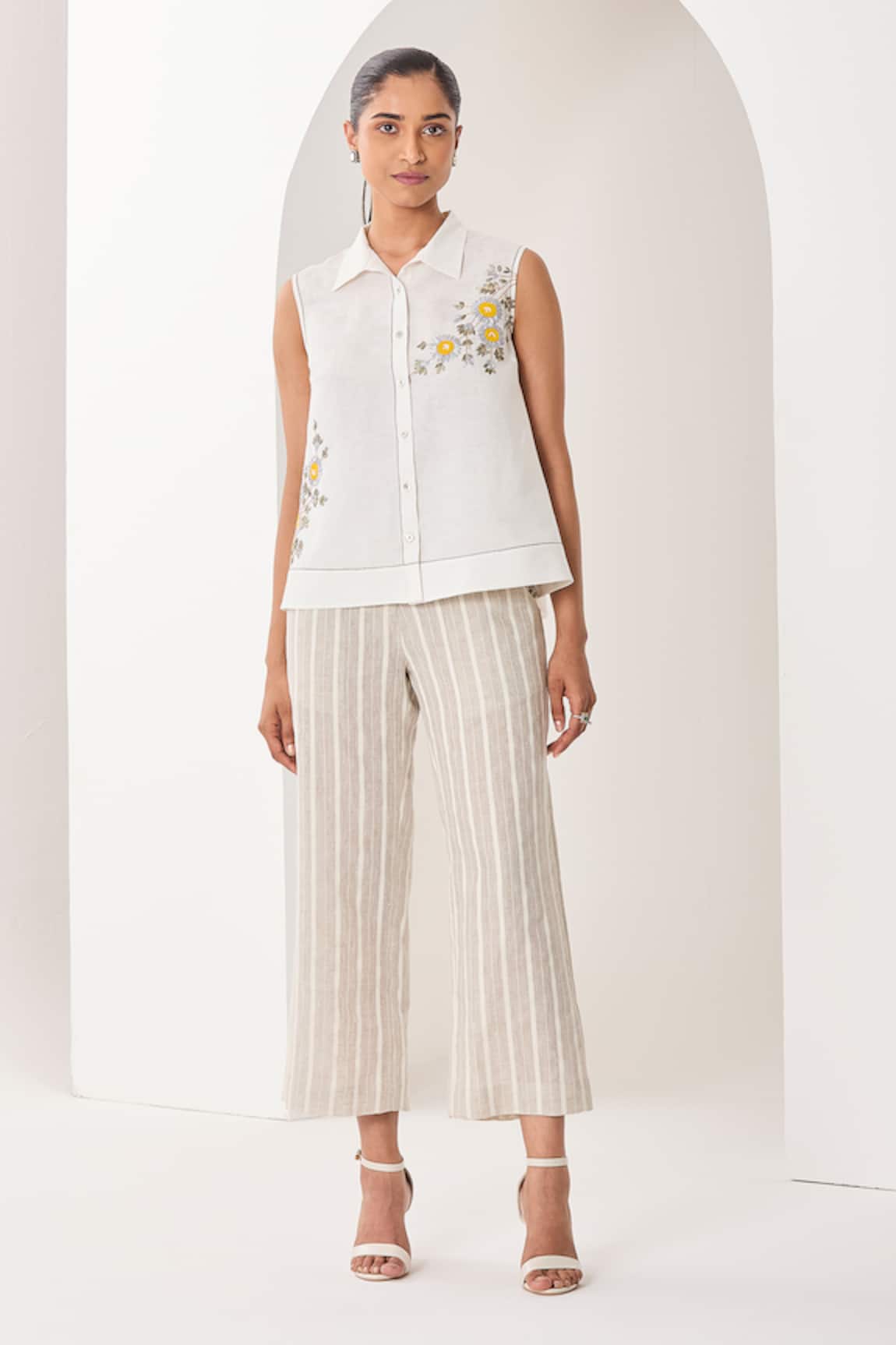 Sue Mue Floral Embroidered Linen Shirt & Pant Set 