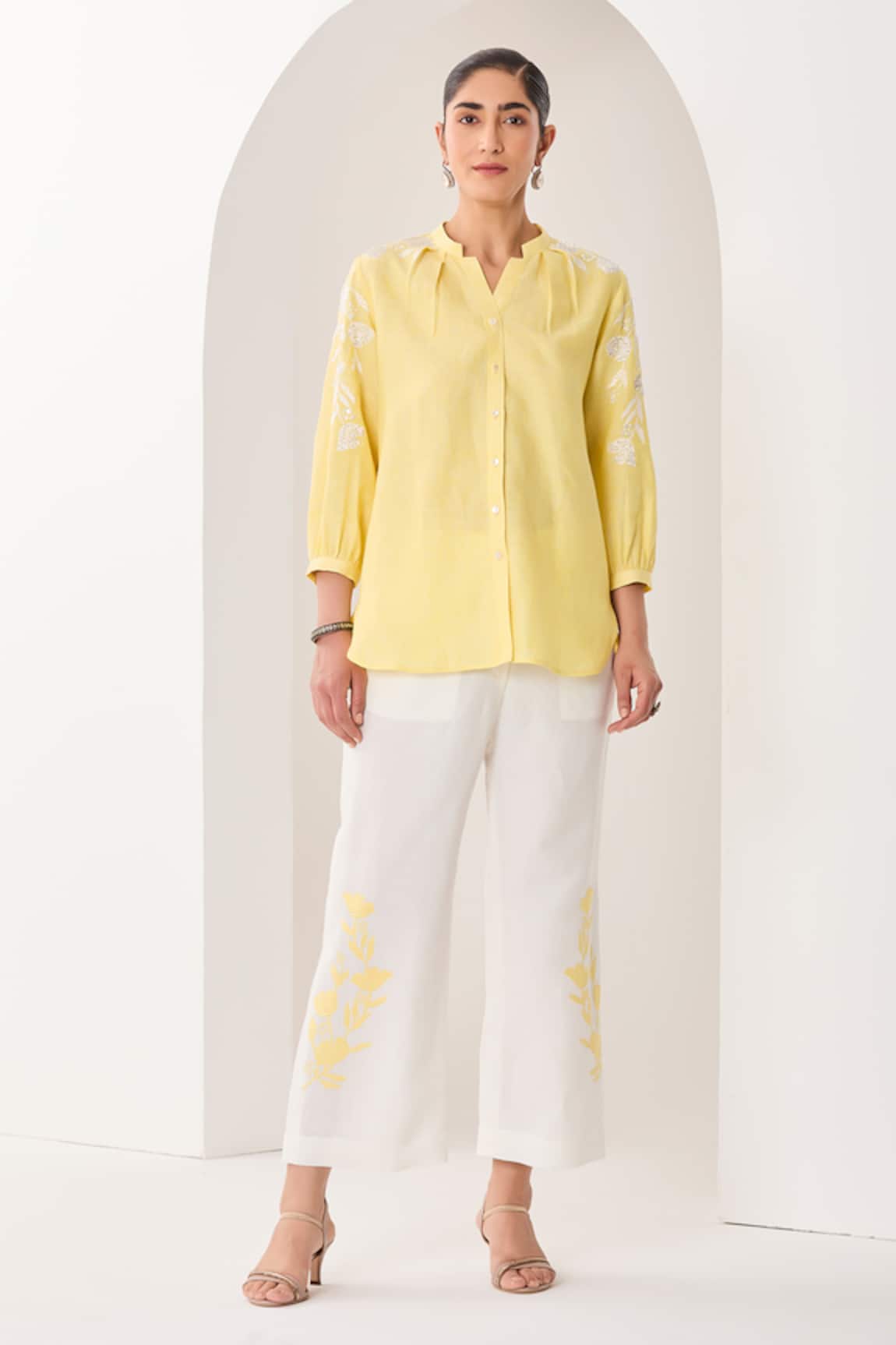 Sue Mue Lemon Yellow Linen Shirt & Pant Set 