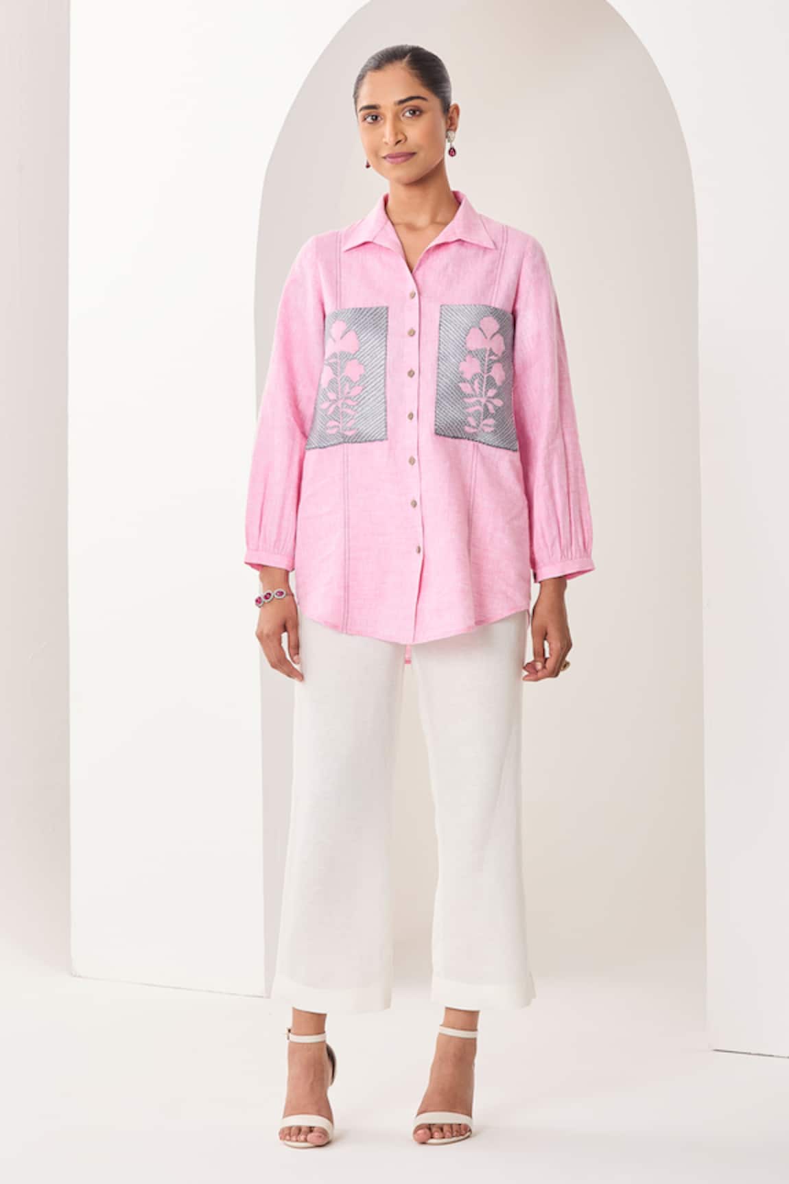 Sue Mue Light Pink Linen Shirt & Pant Set 