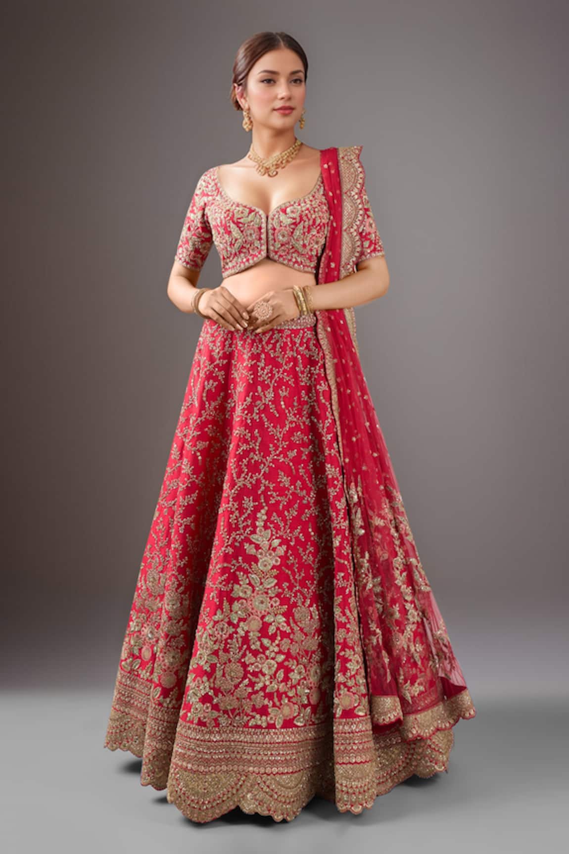 Kalighata Cherry Red Spring Fall Lehenga Set 