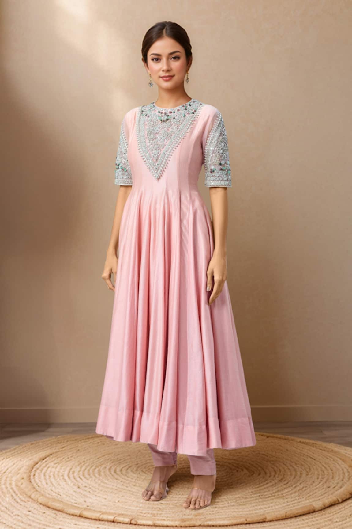 Bhumika Sharma Floral Embroidered Yoke Anarkali & Pant Set 