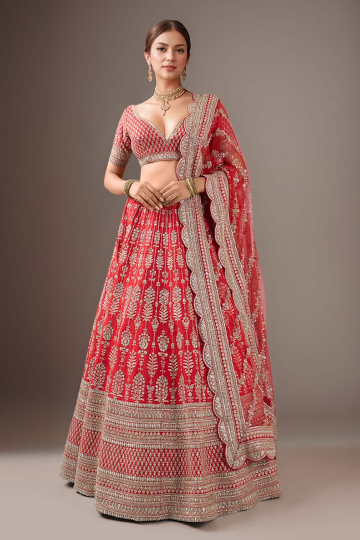 Kalighata Red Loop Lehenga With Two Dupattas 