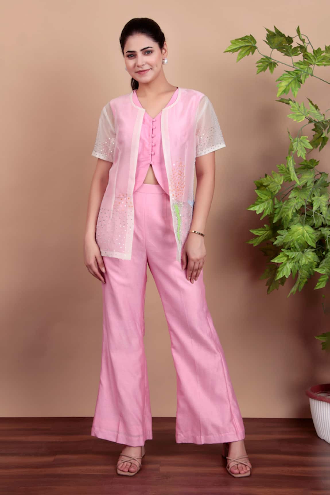 Nidhi Kejriwal Light Pink Beaded Shrug Pant Set 