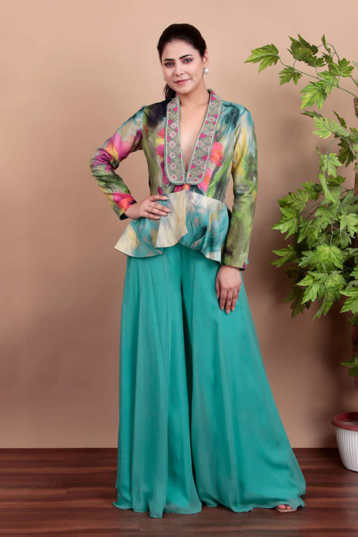 Nidhi Kejriwal Floral Peplum Top With Palazzo Pants 