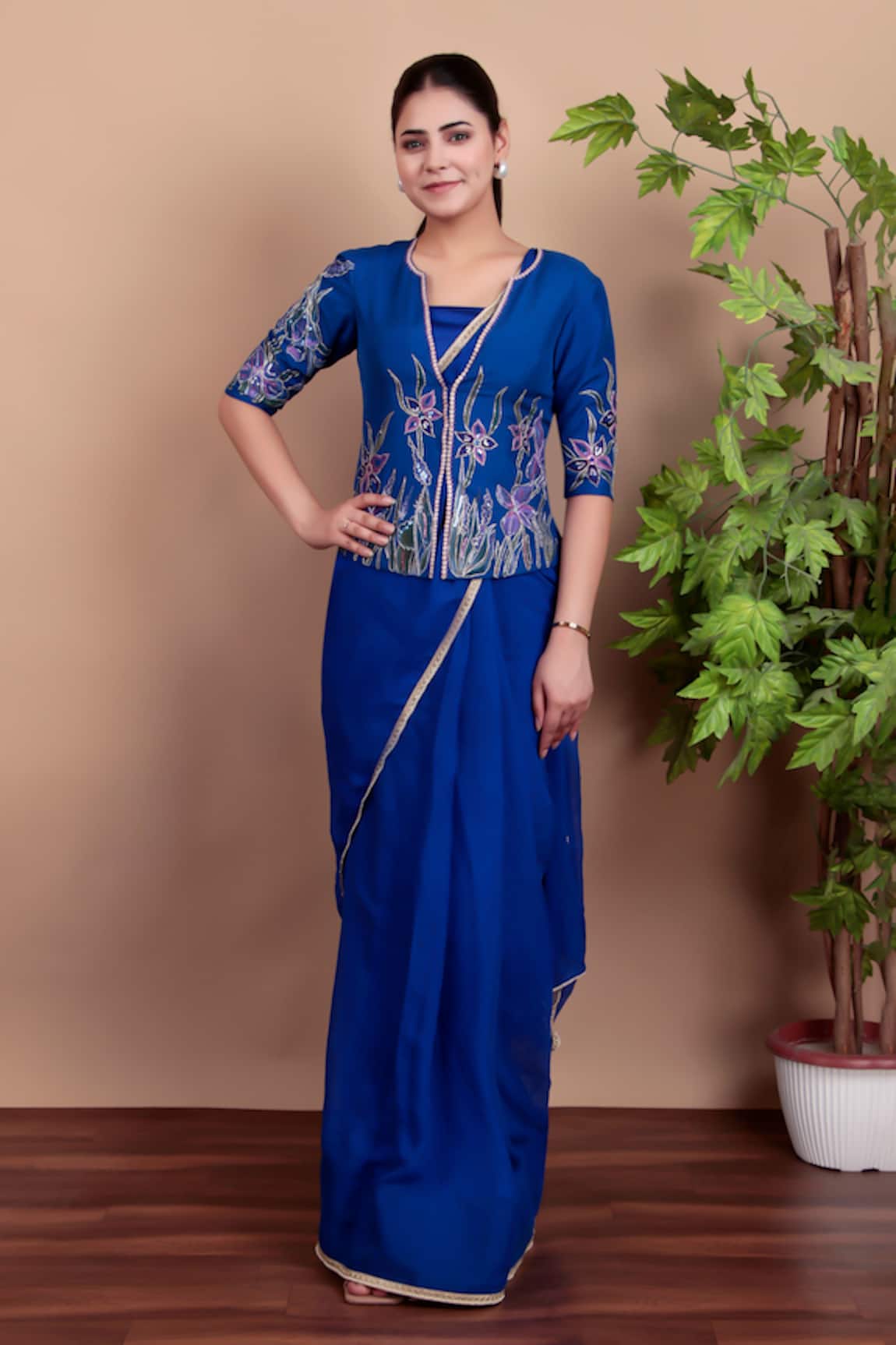 Nidhi Kejriwal Royal Blue Hand-Printed Jacket Saree 