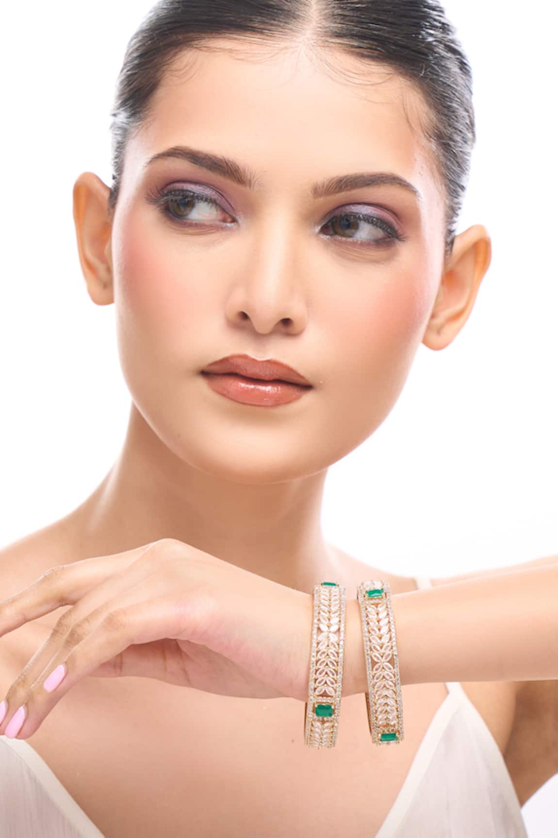 Samyukta Singhania Gold & Green American Diamond Bangles Set 