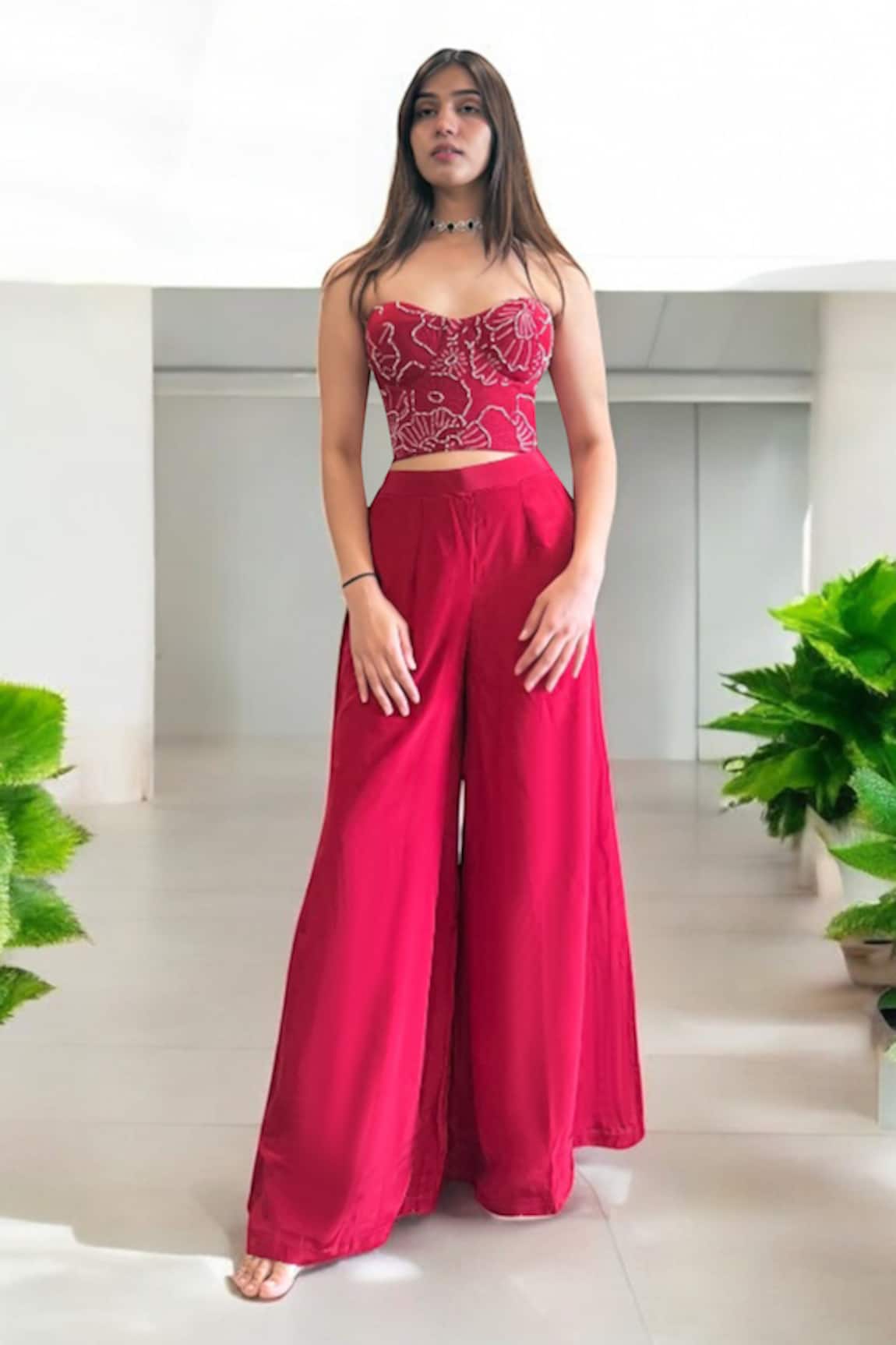 Label Lila Red Crepe Corset & Pant Set 