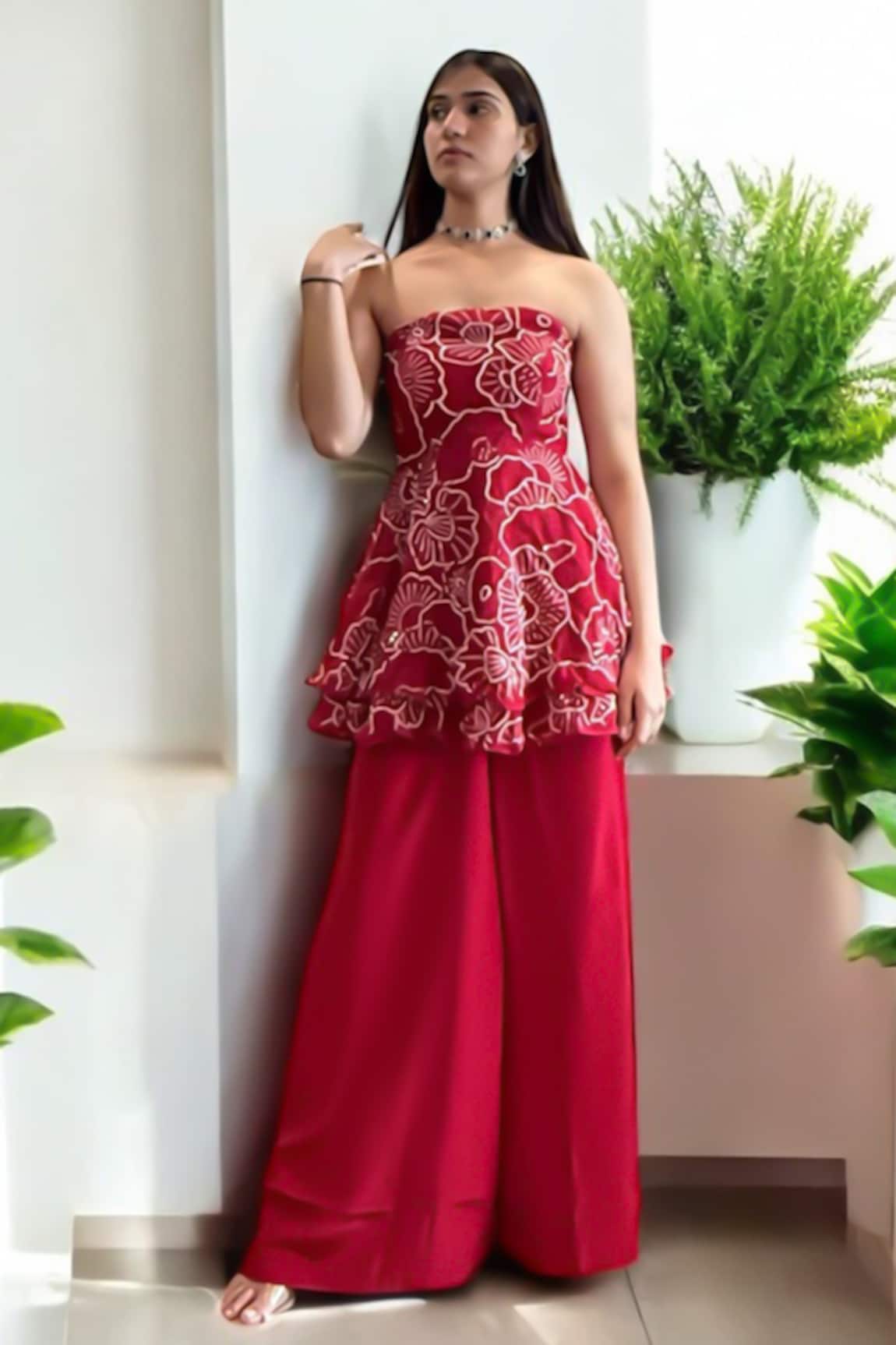 Label Lila Red Embroidered Peplum & Palazzo Set 