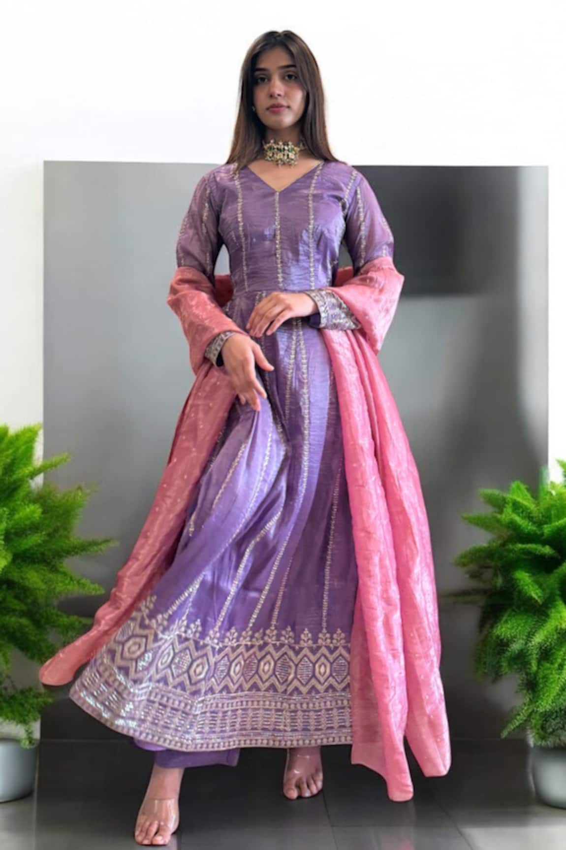 Label Lila Purple Tissue Anarkali Set With Dupatta 