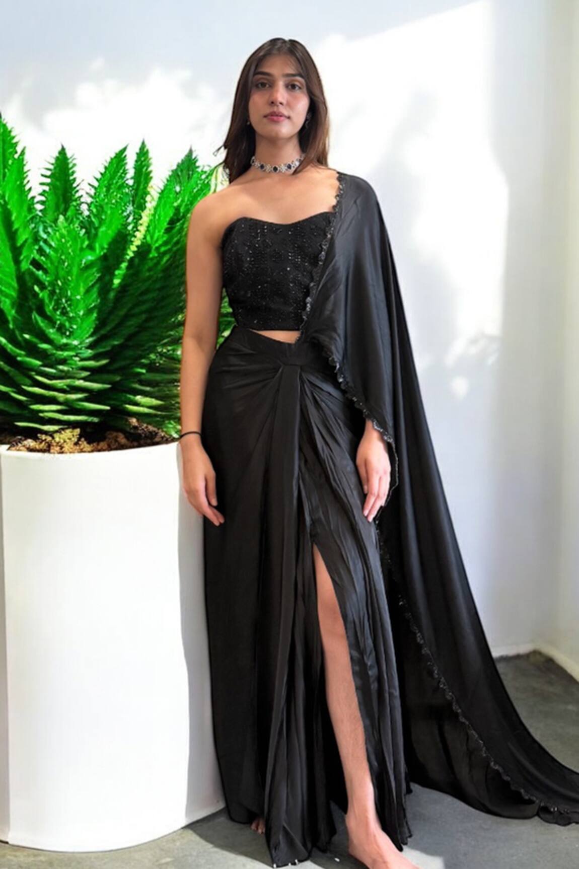 Label Lila Black Crepe Pre-drape Saree Set 