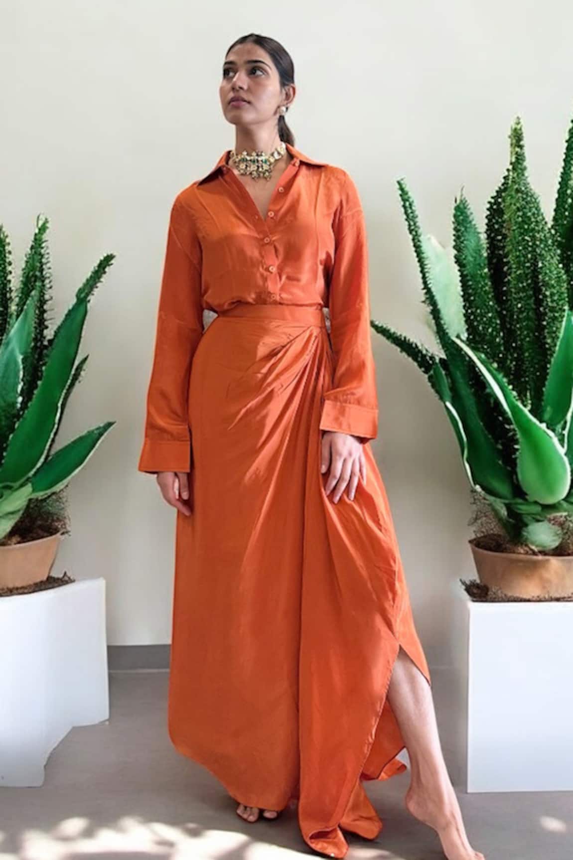 Label Lila Orange Crepe Shirt & Skirt Set 