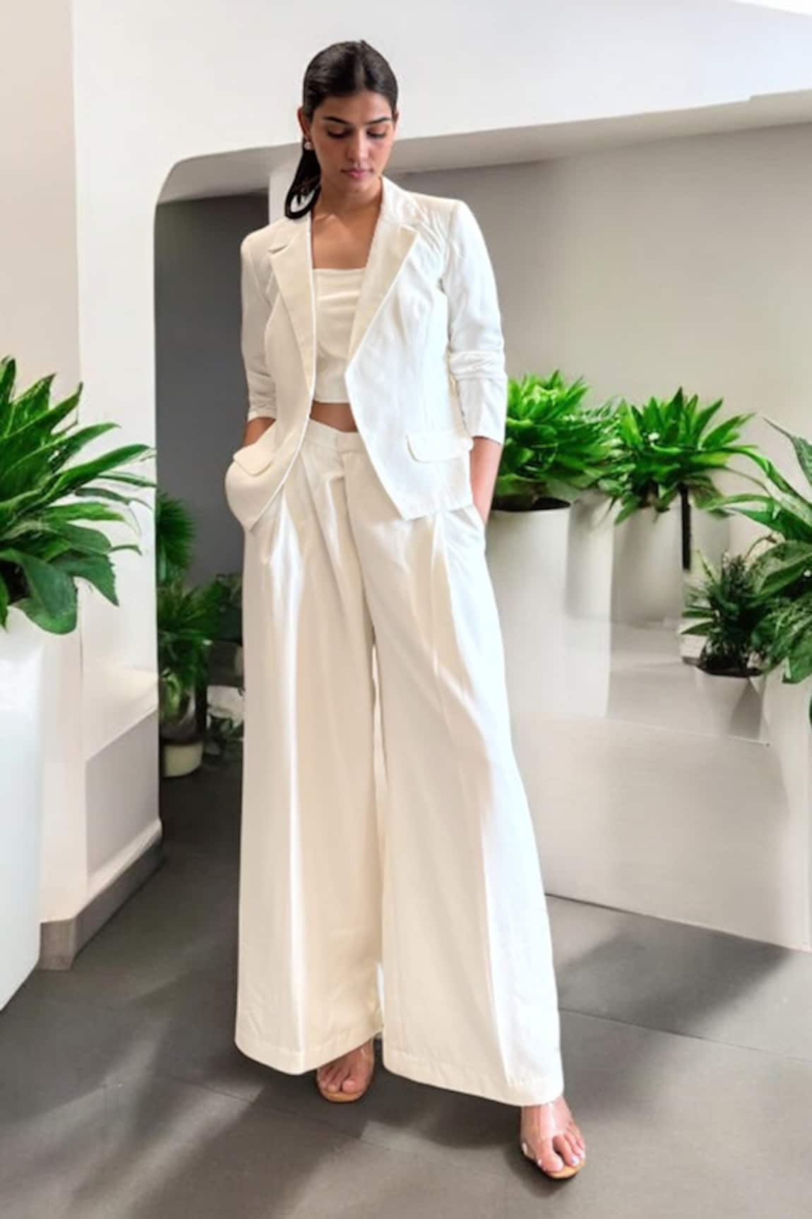 Label Lila White Organza Crepe Blazer Pant Set 