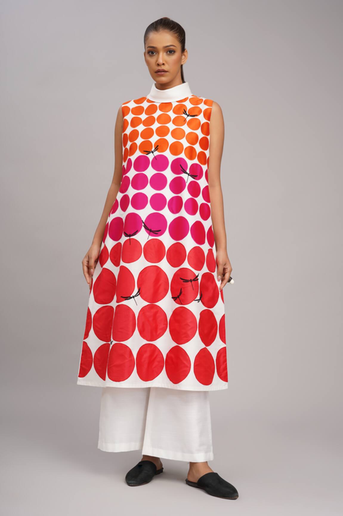 Taika By Poonam Bhagat Red Polka Grid Chanderi Tunic Set