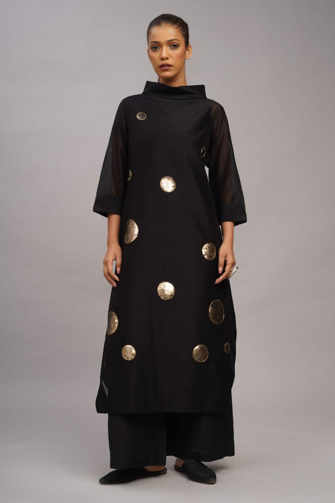 Taika By Poonam Bhagat Black Gold Sequin Tunic & Pant Set 