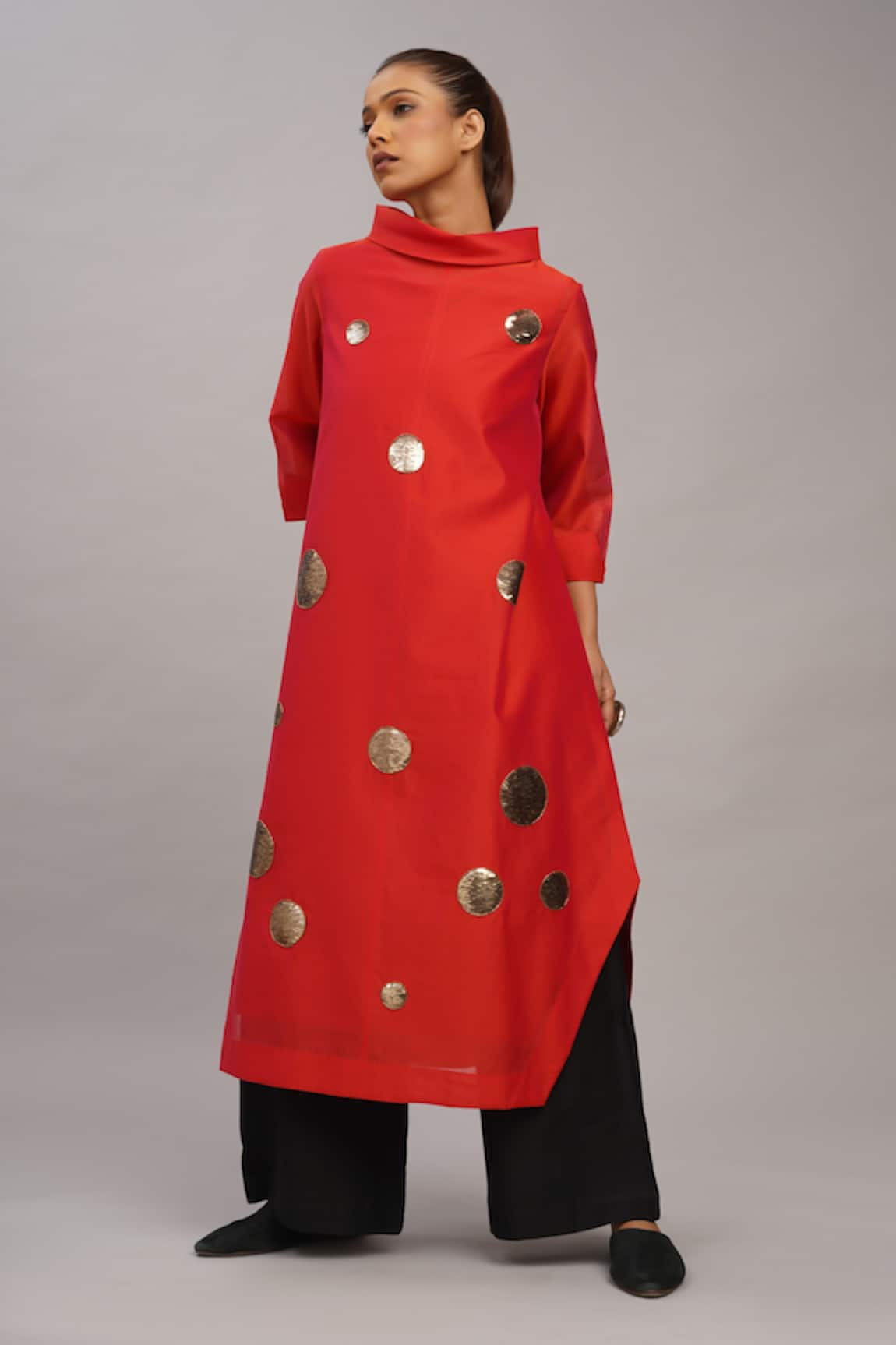 Taika By Poonam Bhagat Red Chanderi Gold Sequin Tunic Set 