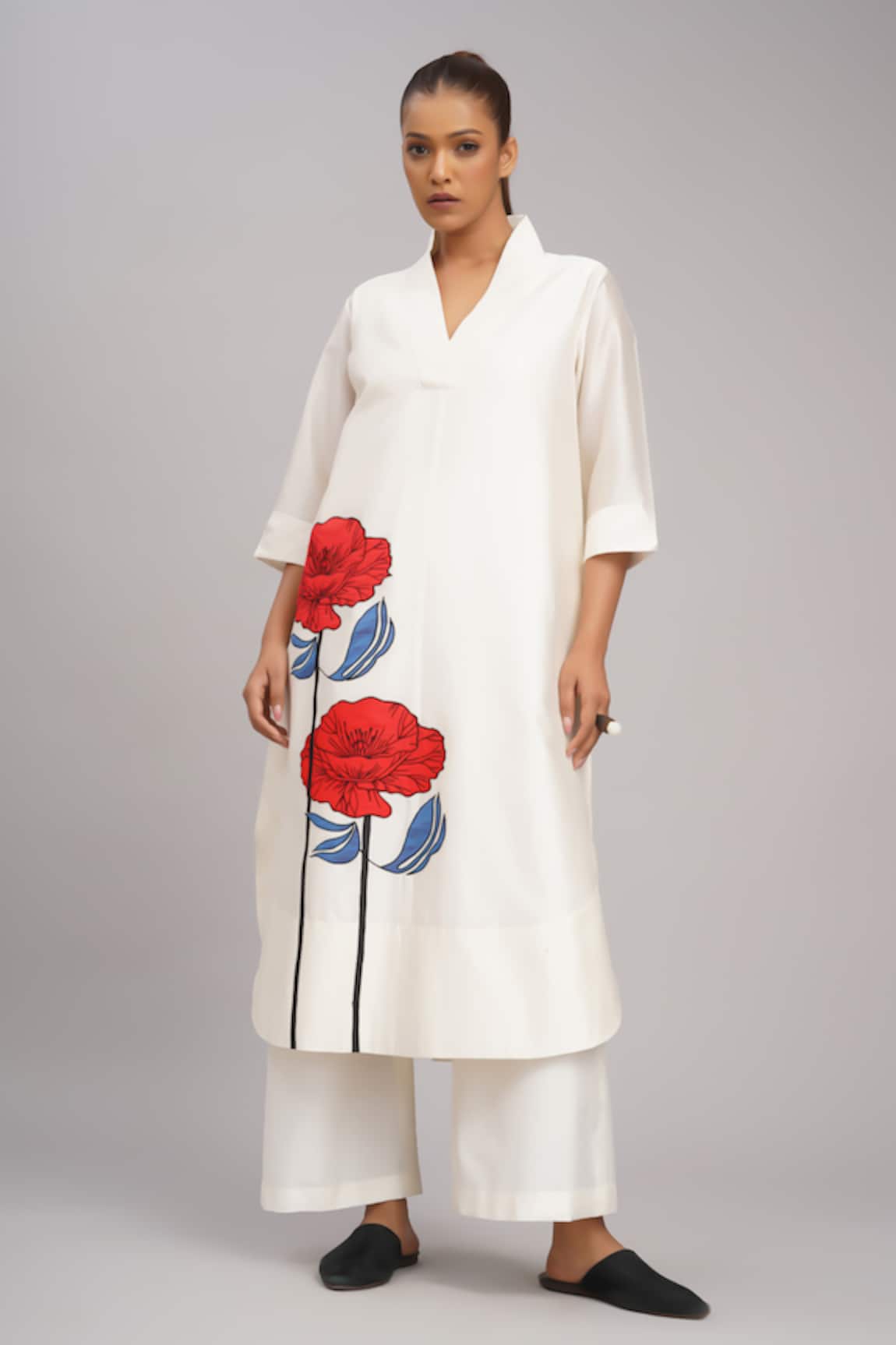 Taika By Poonam Bhagat Ivory Twin Poppy Embroidered Tunic Set 