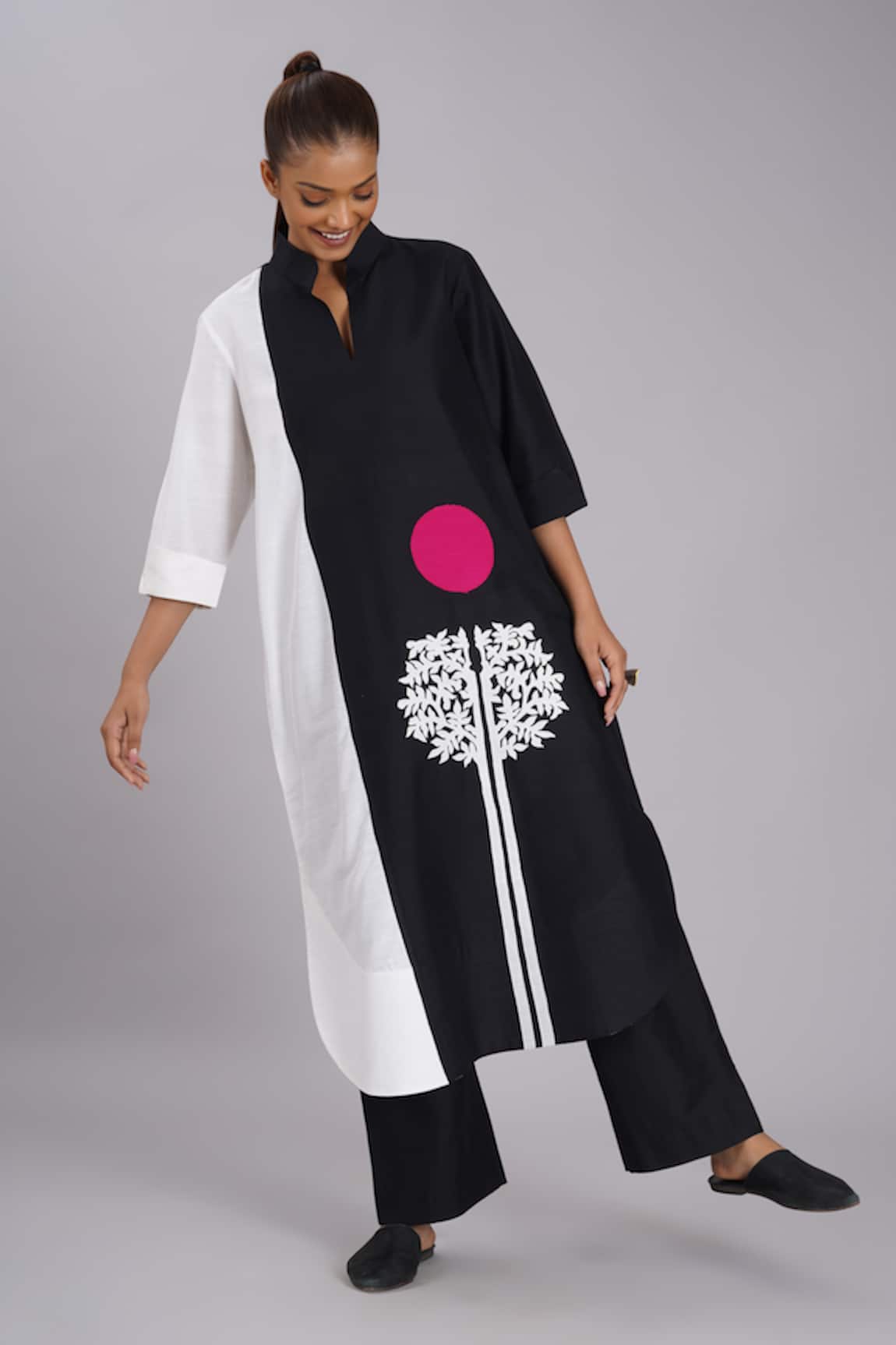 Taika By Poonam Bhagat Black & White Embroidered Tunic & Pant Set 