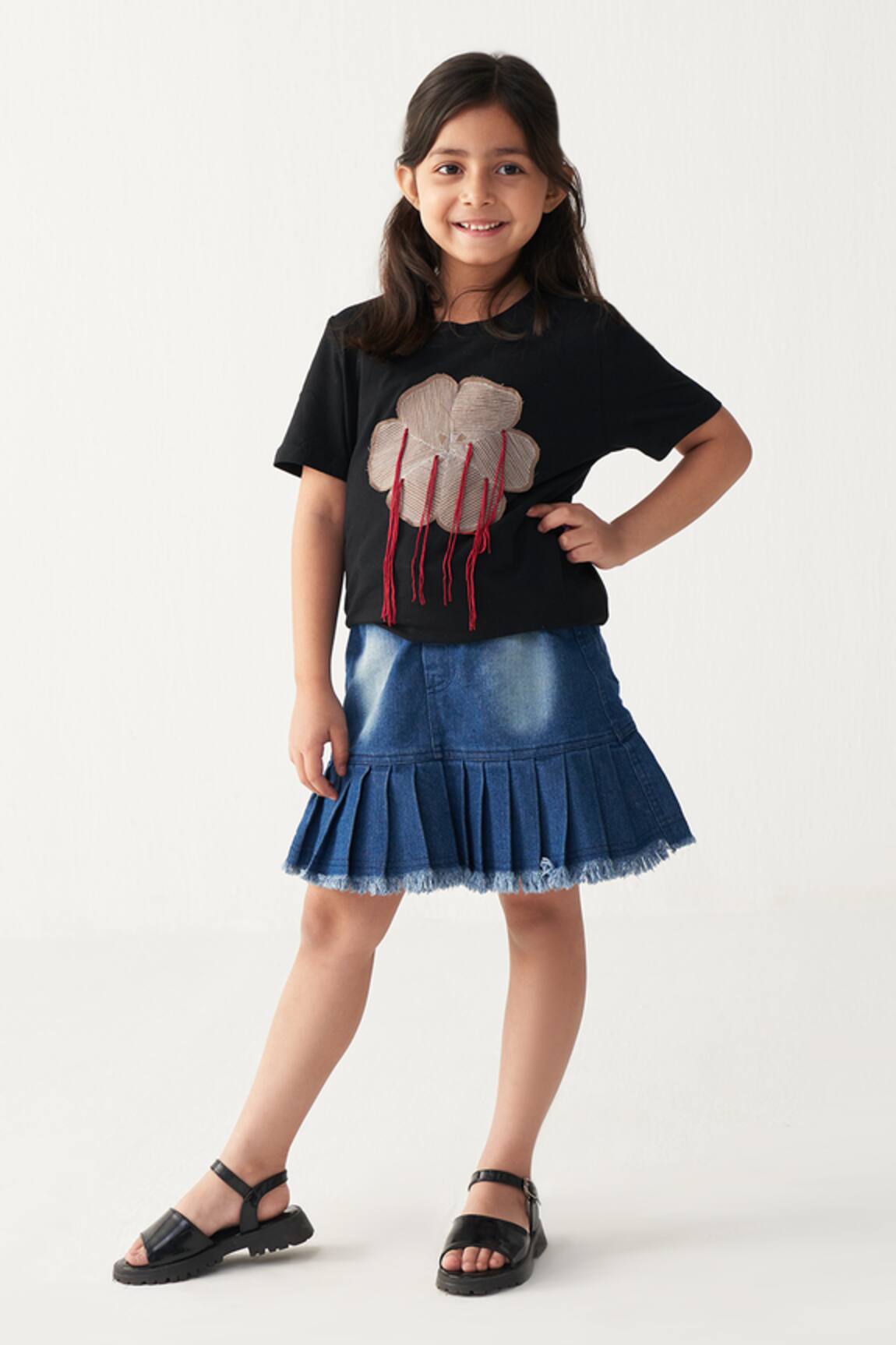 Three Floral Applique Black T-Shirt 