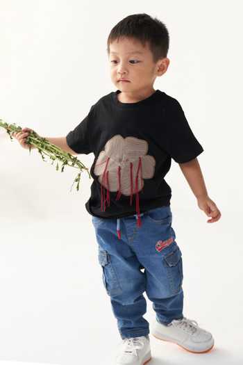 Three Floral Applique Black T-Shirt 