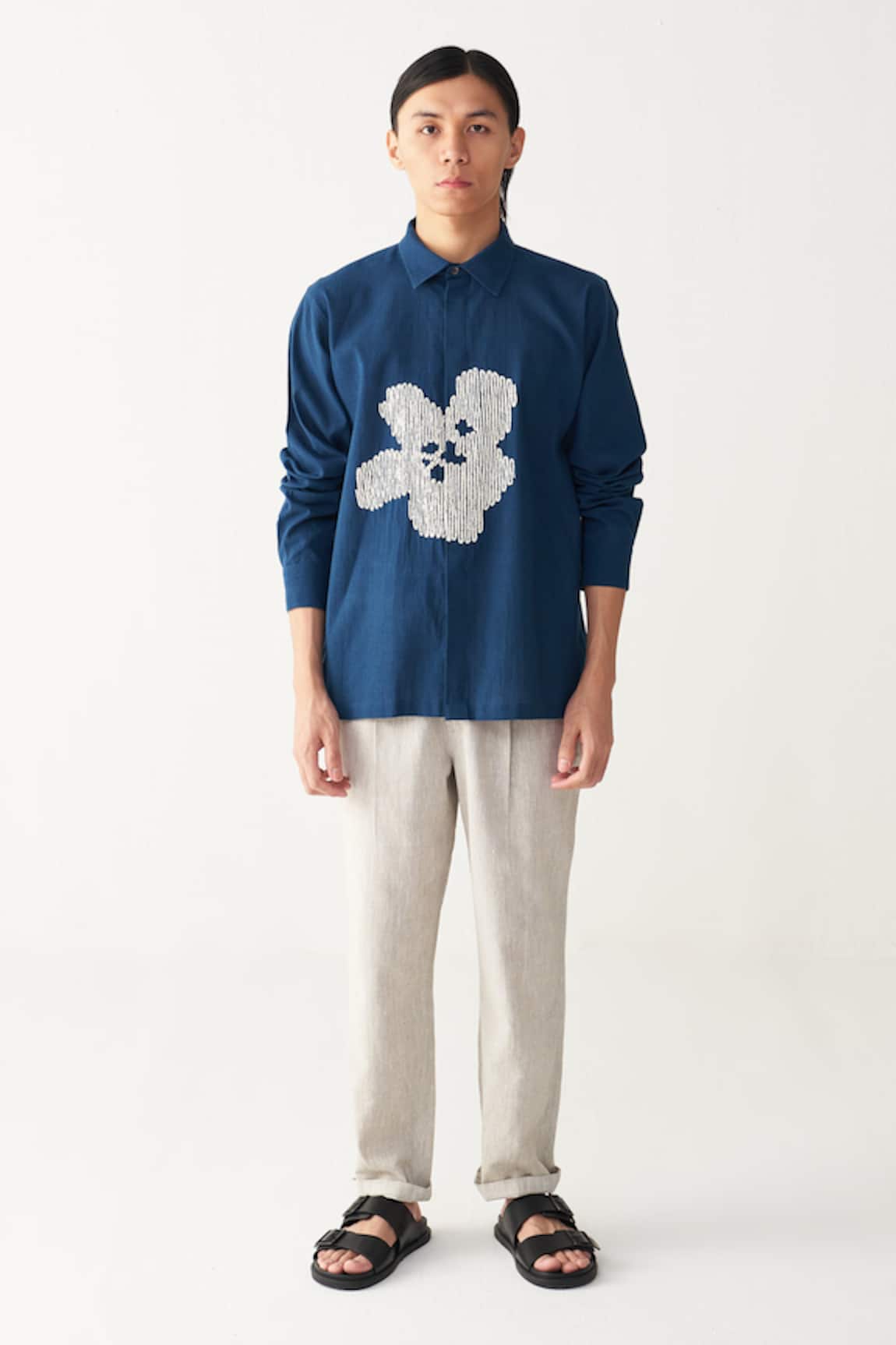 Three Floral Embroidered Indigo Shirt & Pant Set 