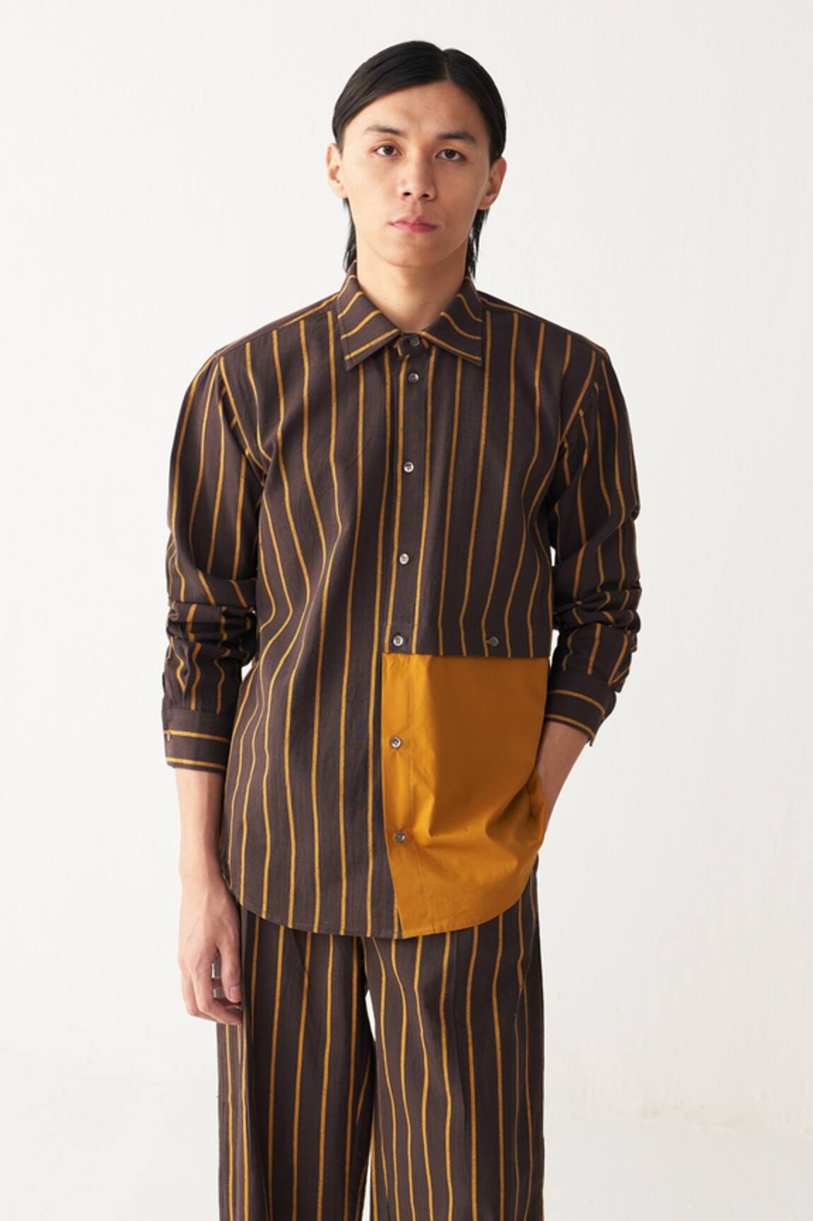 Three Charcoal Brown Mustard Stripe Shirt 