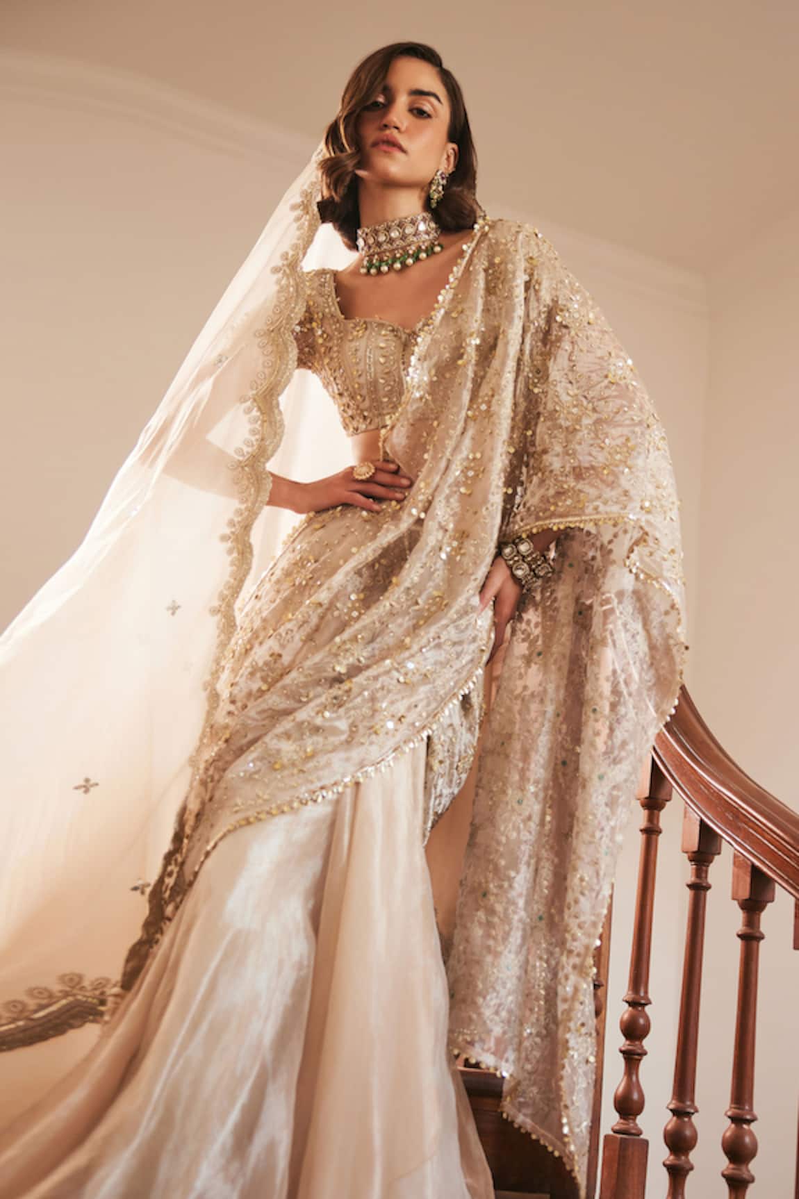 Label Sanya Gulati Ivory Gold Pre-Draped Saree with Blouse 