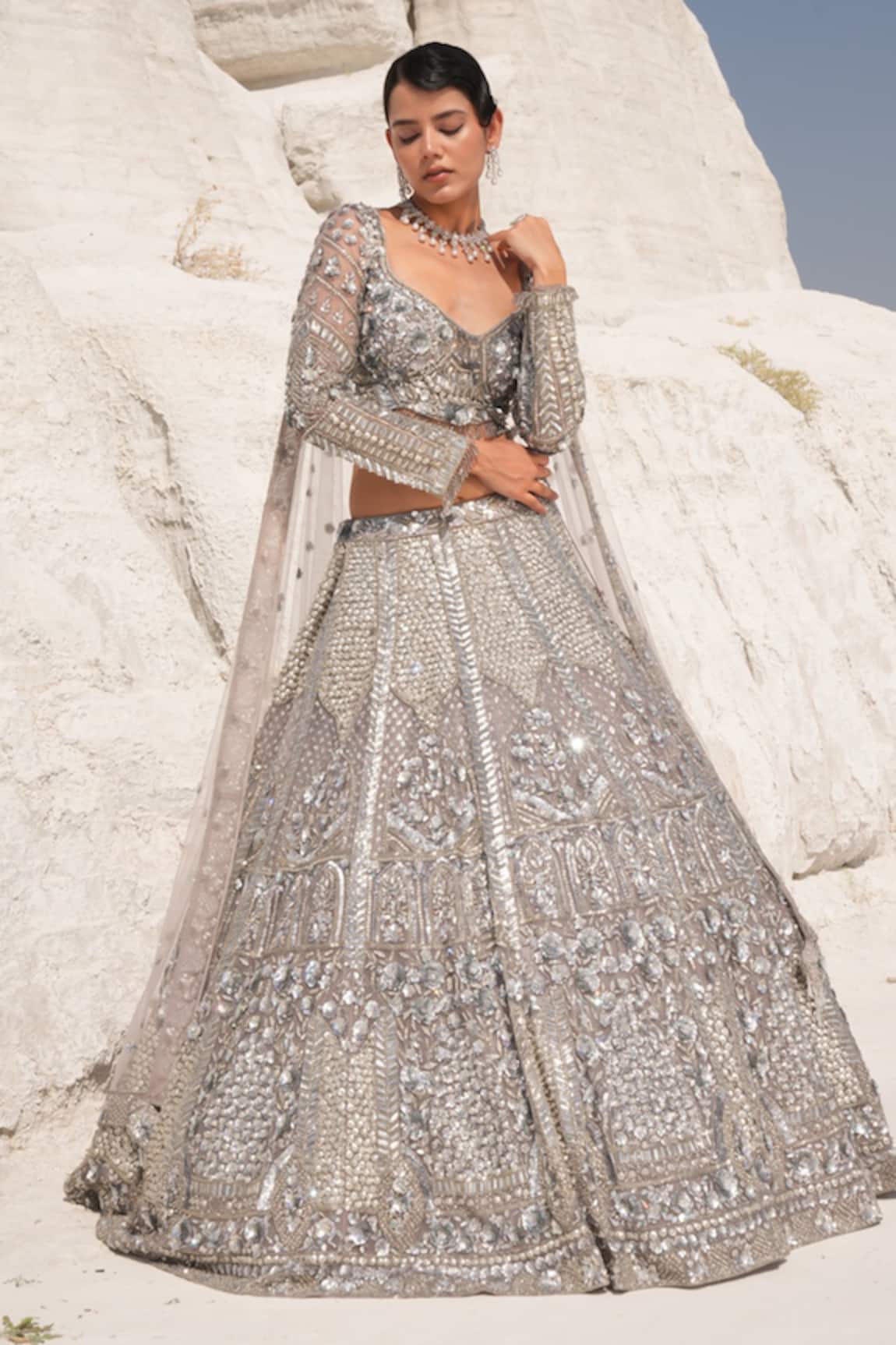 House Of Sikka Steel Grey Embellished Lehenga Set 