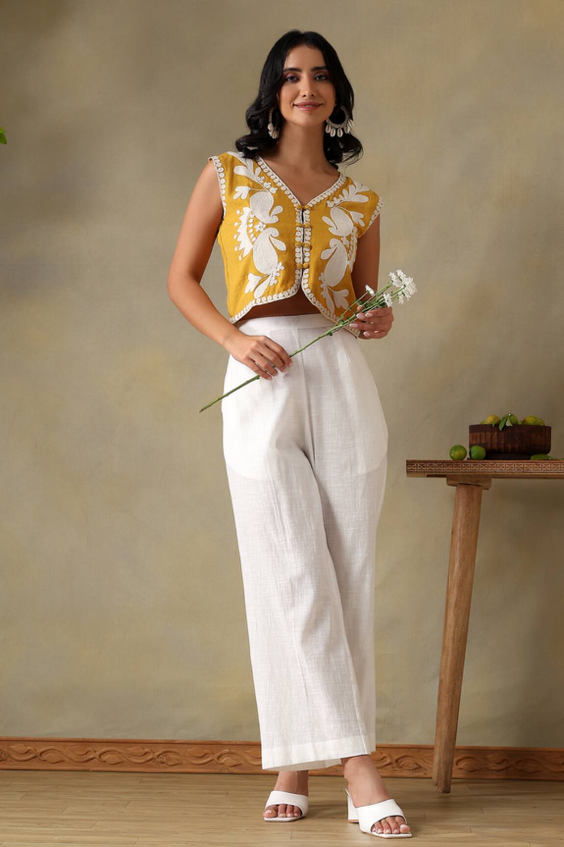 Tashee Yellow Embroidered Jacket Top & Ivory Pants 