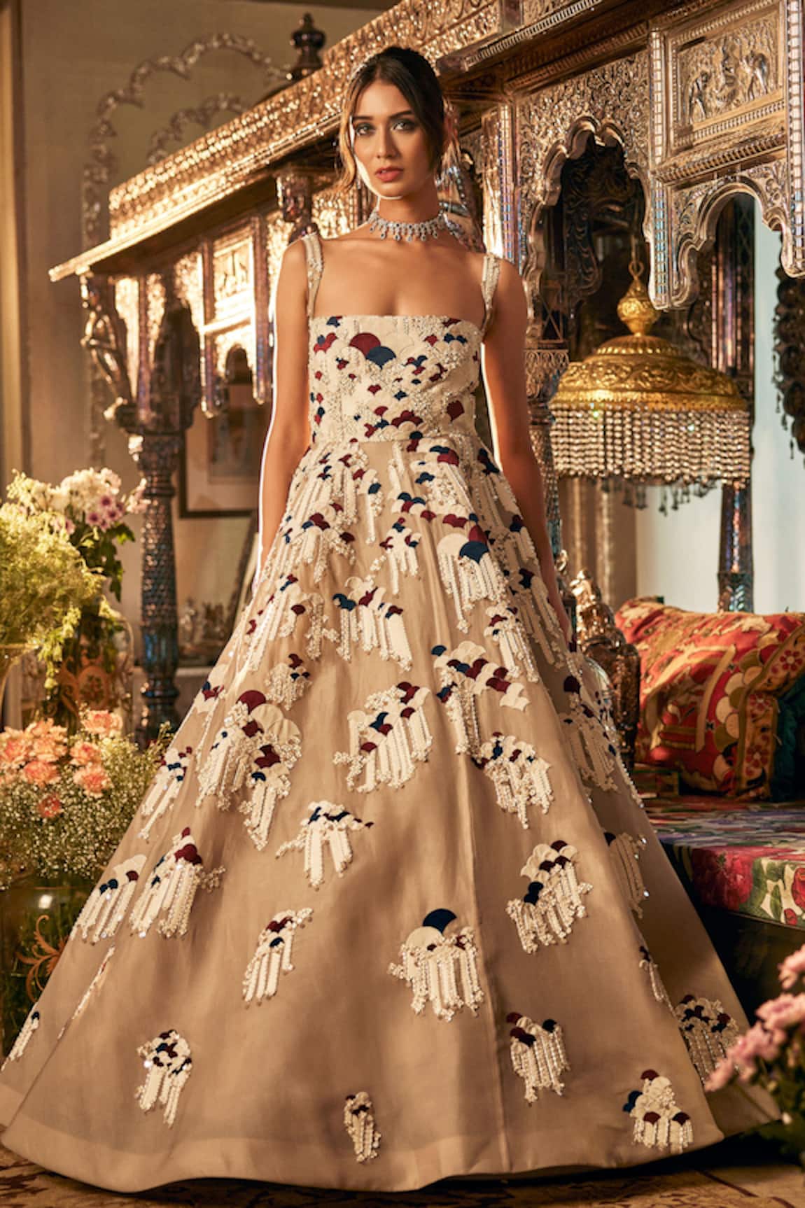 Sahil Kochhar Beige Embroidered Designer Gown 