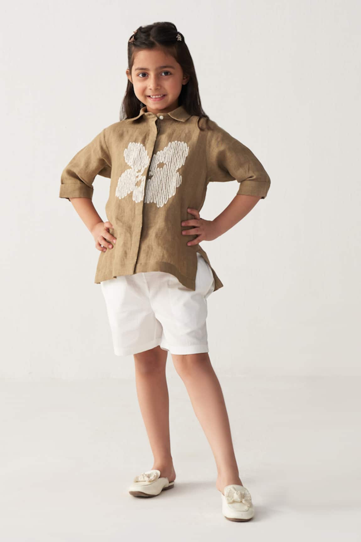Three Floral Embroidered Linen Shirt 