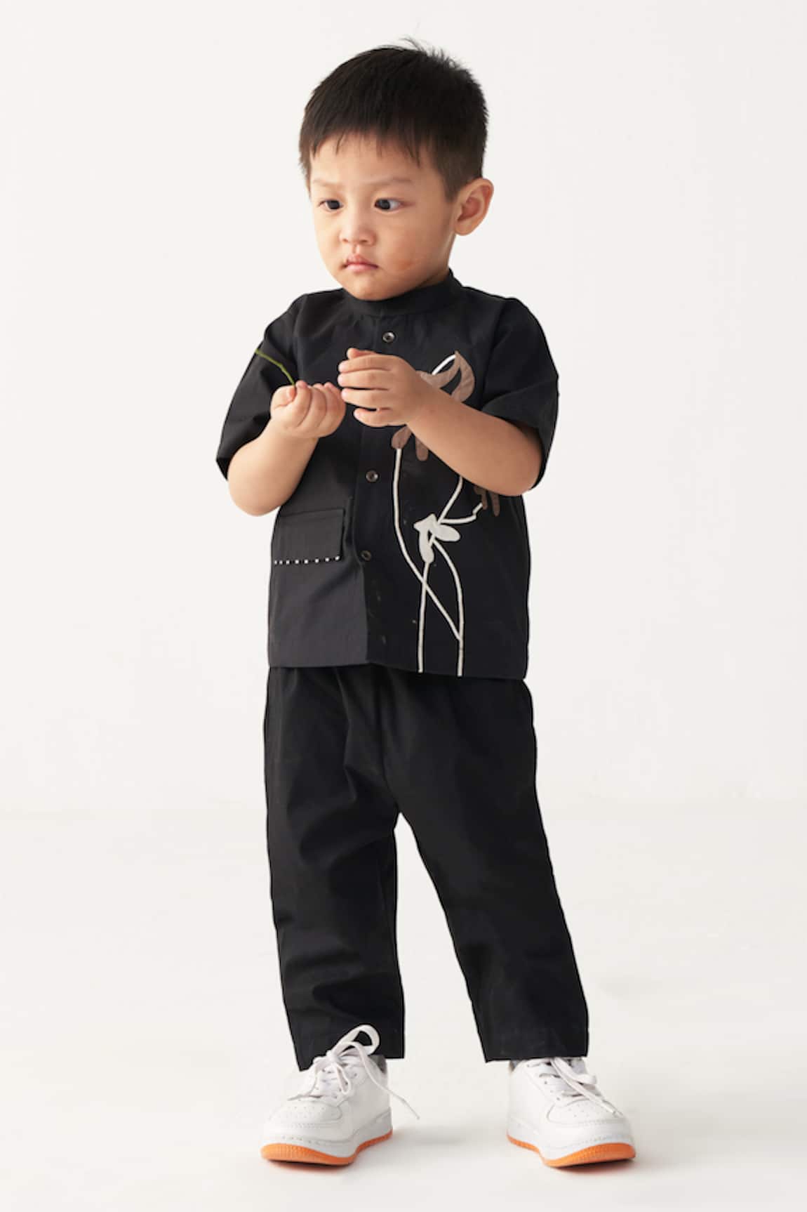 Three Black Poppy Applique Shirt & Pant Set 
