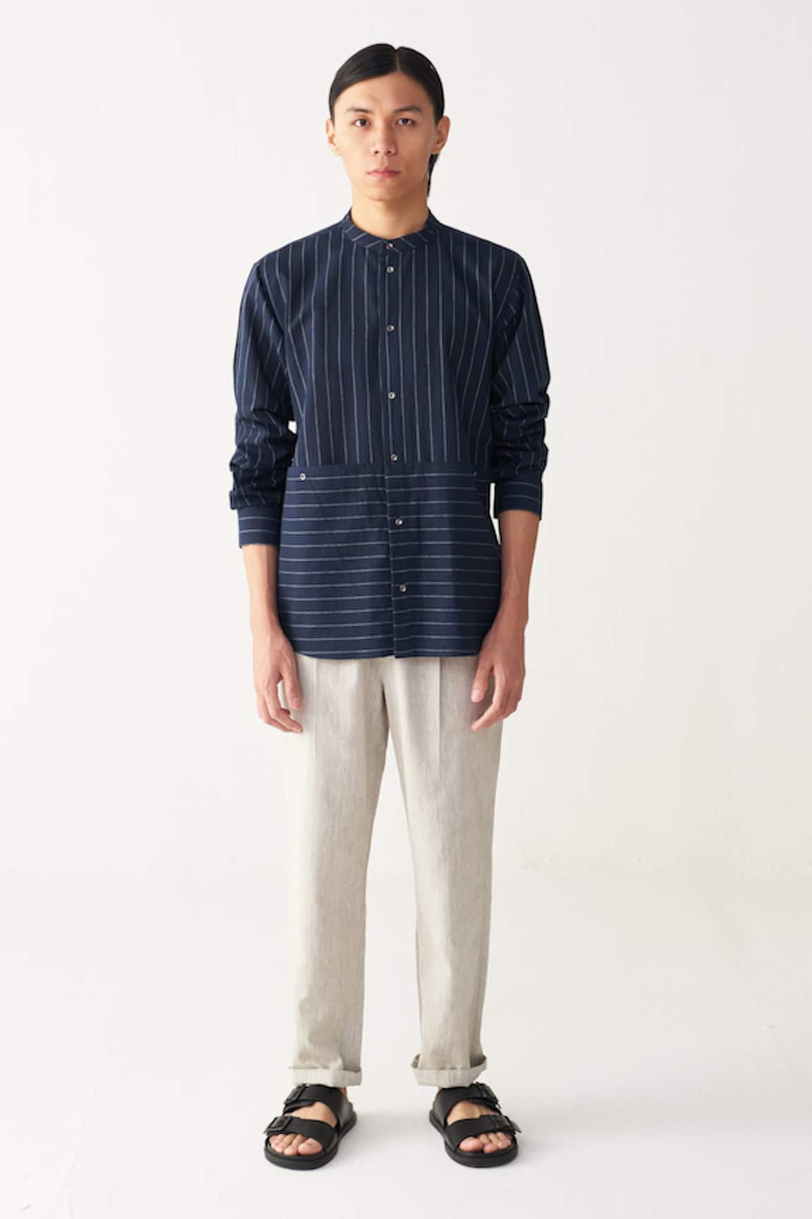Three Navy Blue Front Pocket Shirt & Beige Pant 