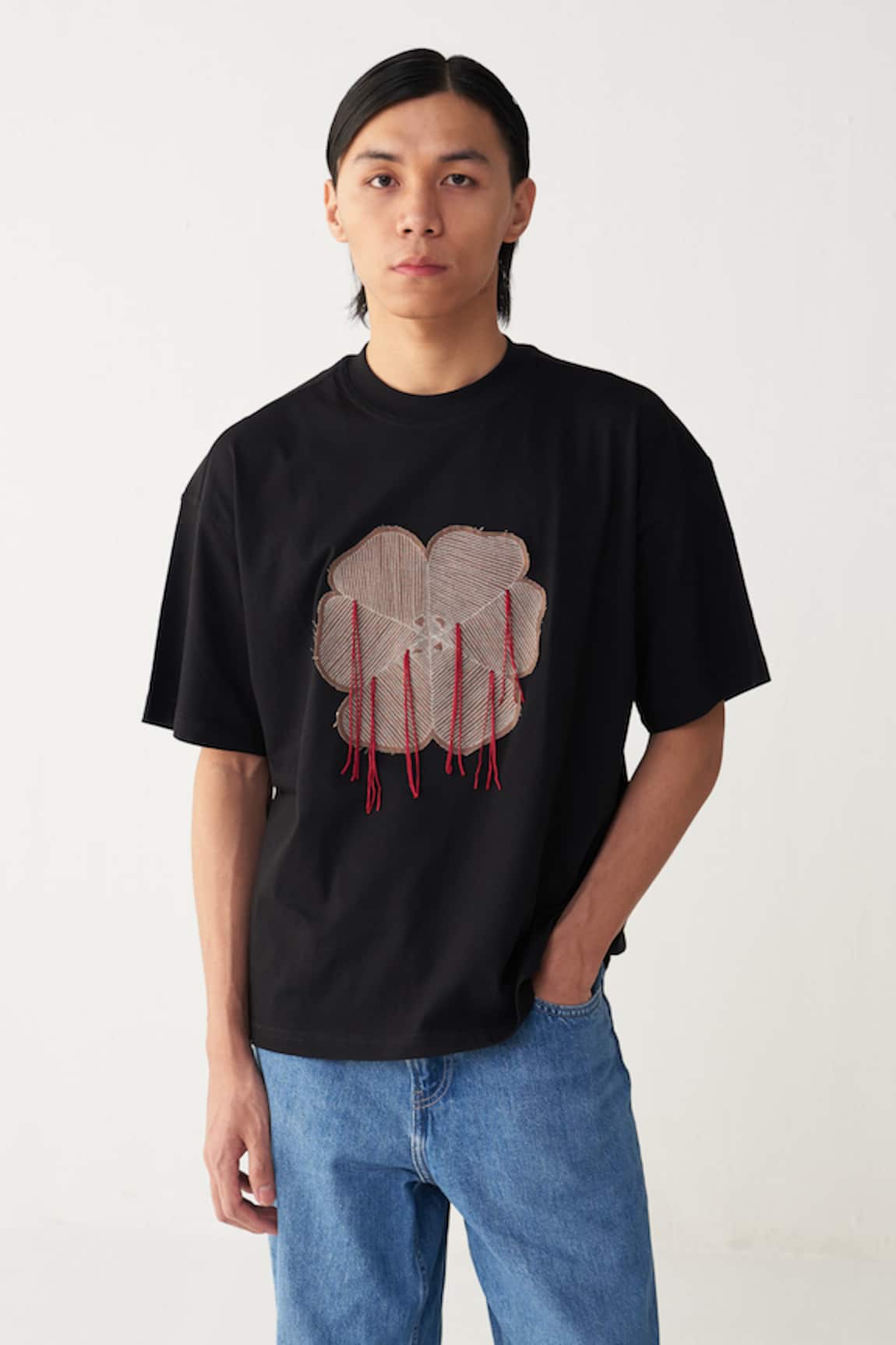 Three Floral Patch Fringe T-Shirt 