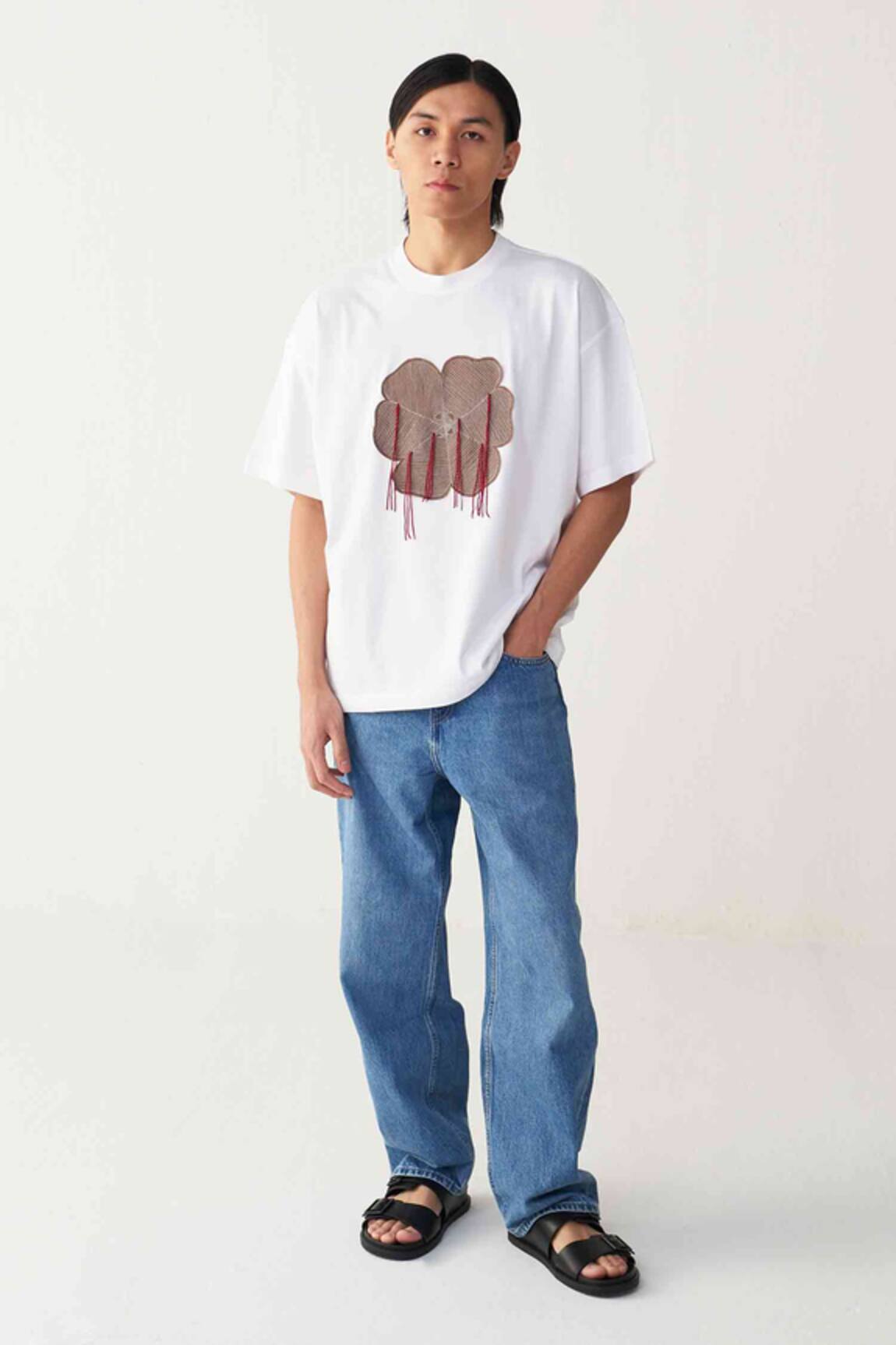 Three Floral Patch Fringe T-Shirt 