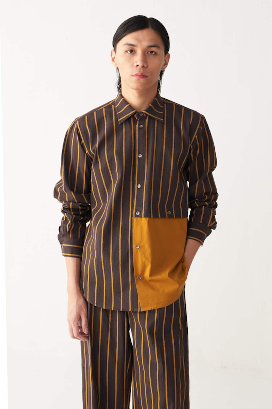Three Charcoal Brown Front Pleated Pant 