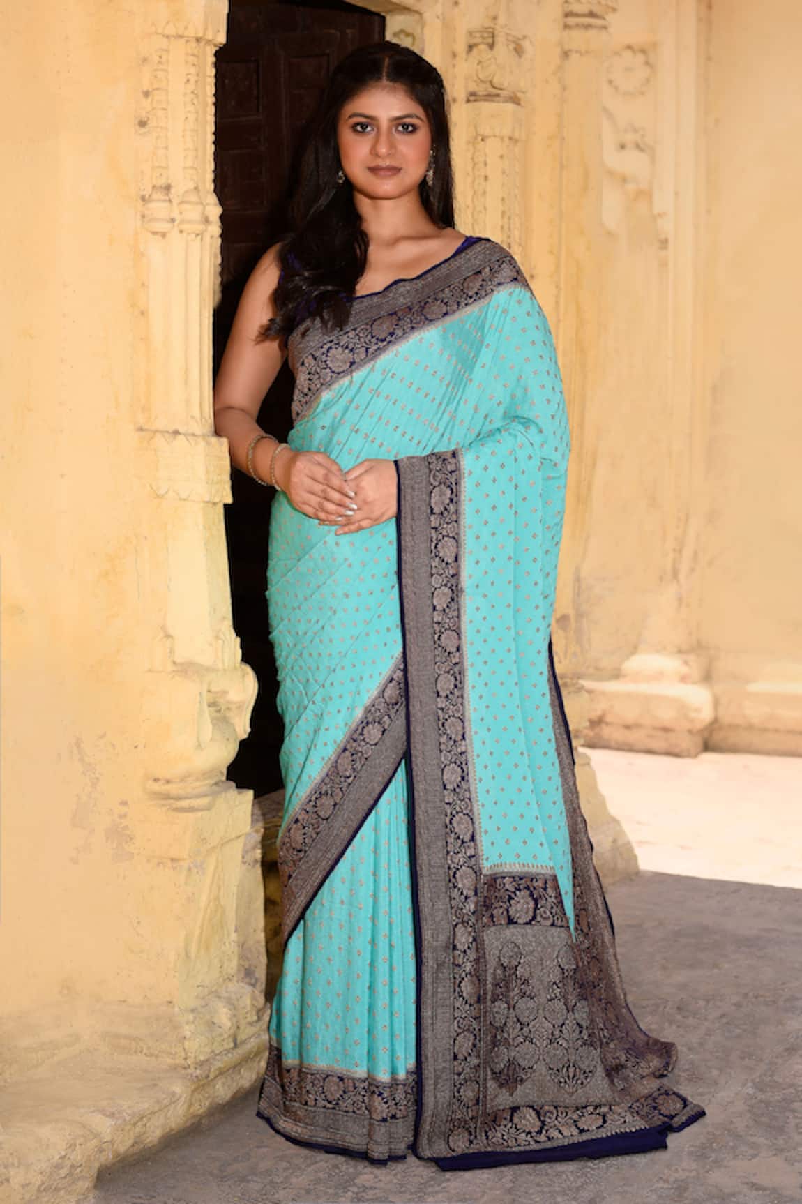 Naaritva India Hand Woven Blue Banarasi Saree With Running Blouse 