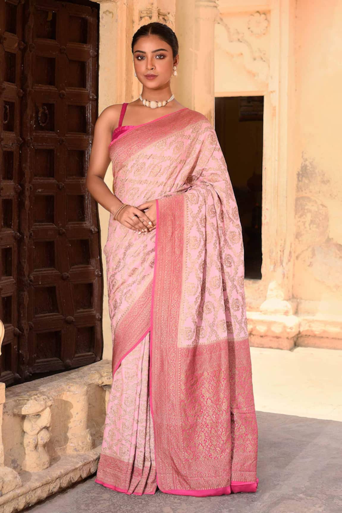Naaritva India Hand Woven Pastel Pink Banarasi Saree With Running Blouse 
