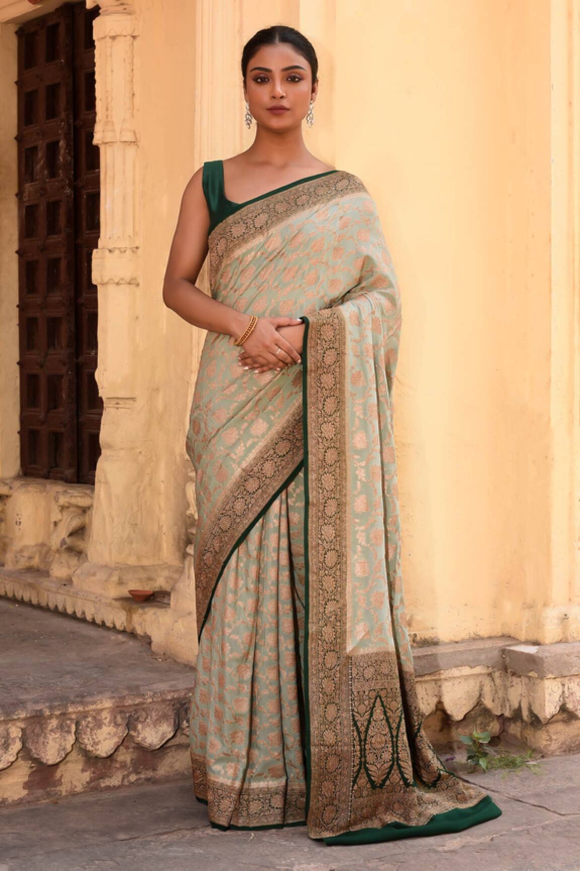Naaritva India Hand Woven Banarasi Light Olive Green Saree With Running Blouse 