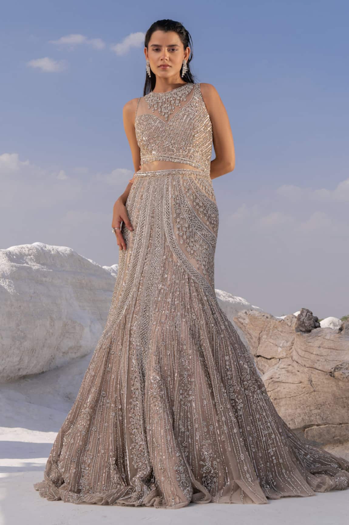 House Of Sikka Silver Net Designer Gown 