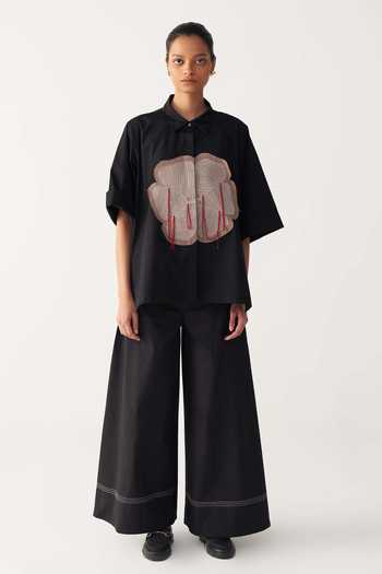 Three Floral Applique Black Shirt & Wide Legged Pant Set 