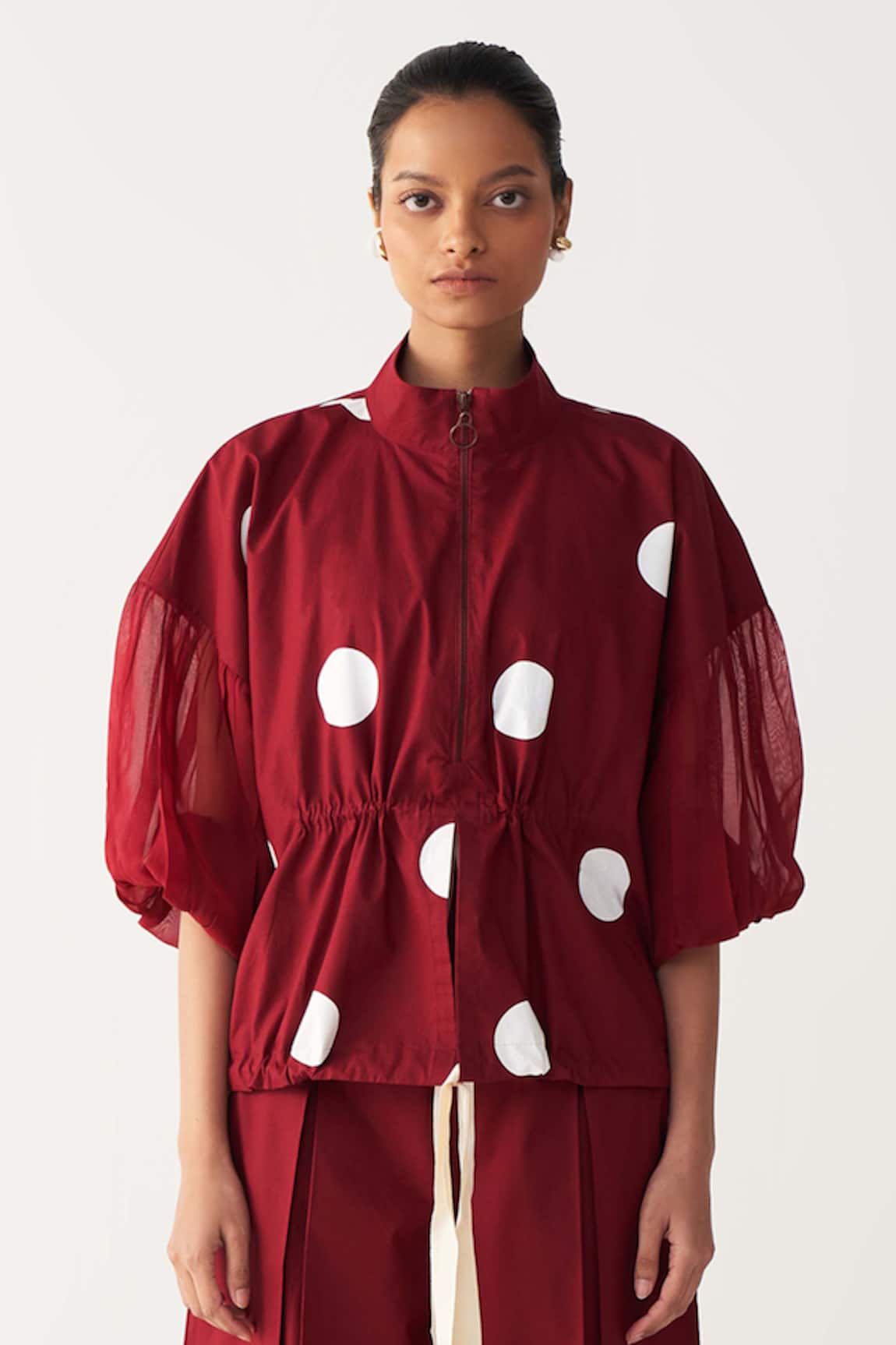 Three Madder Red Drawstring Polka Top 
