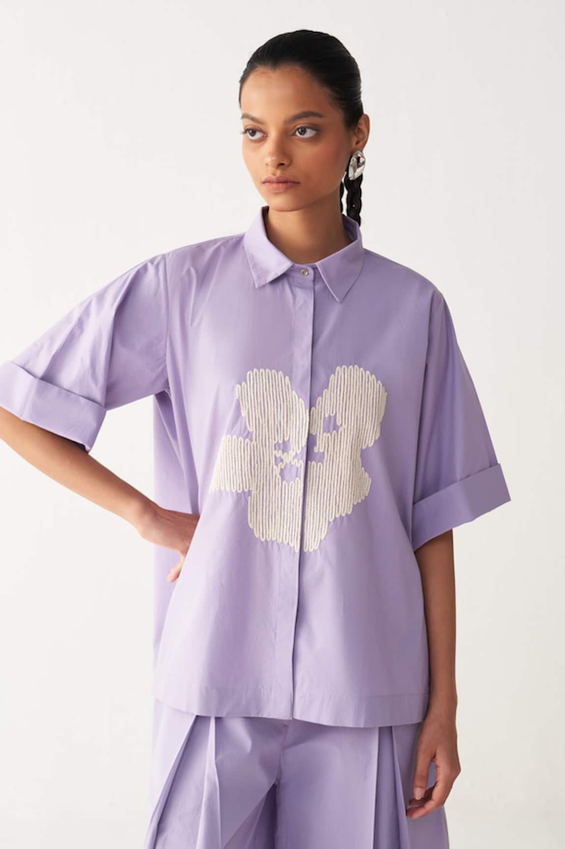 Three Floral Embroidered Lavender Shirt 