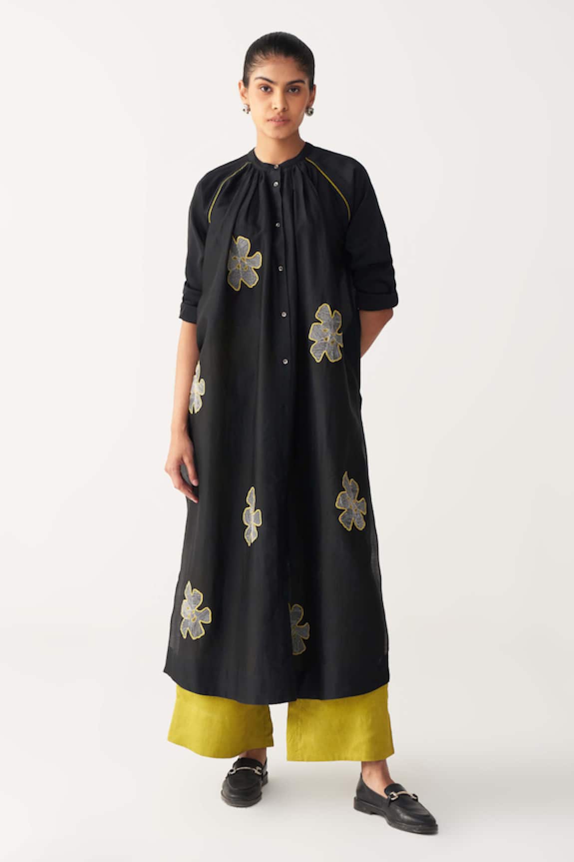 Three Floral Embroidered Gather Neck Shirt Tunic 