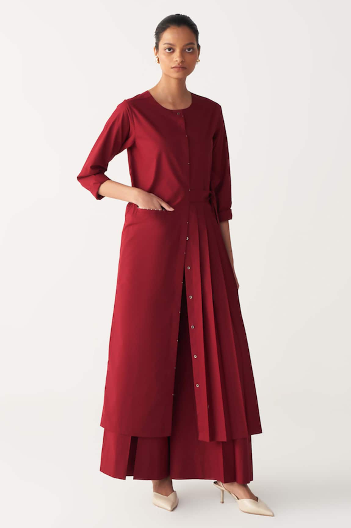 Three Madder Red Front Pleat Jacket Tunic 