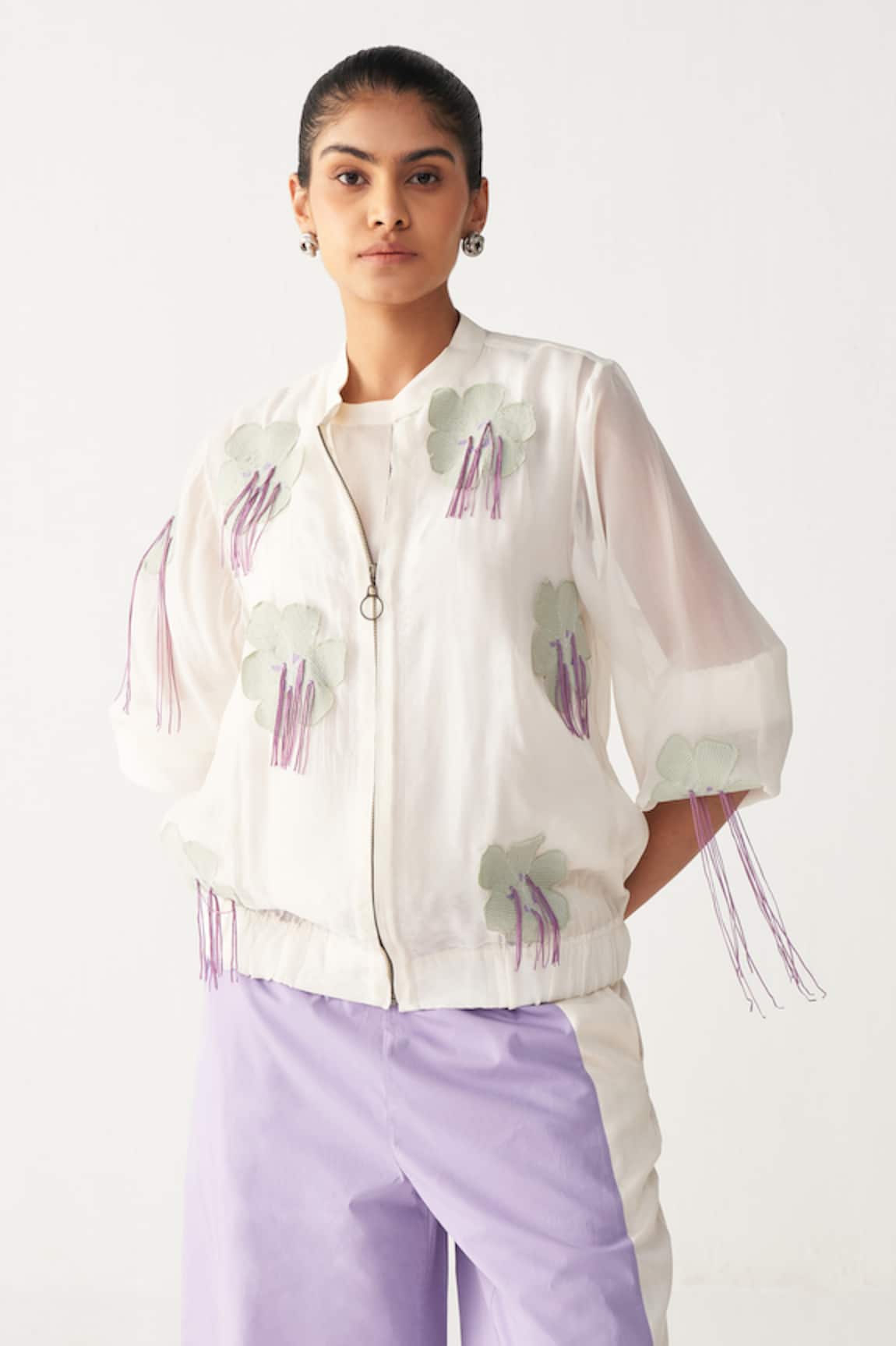 Three Floral Fringe Chanderi Bomber Jacket 
