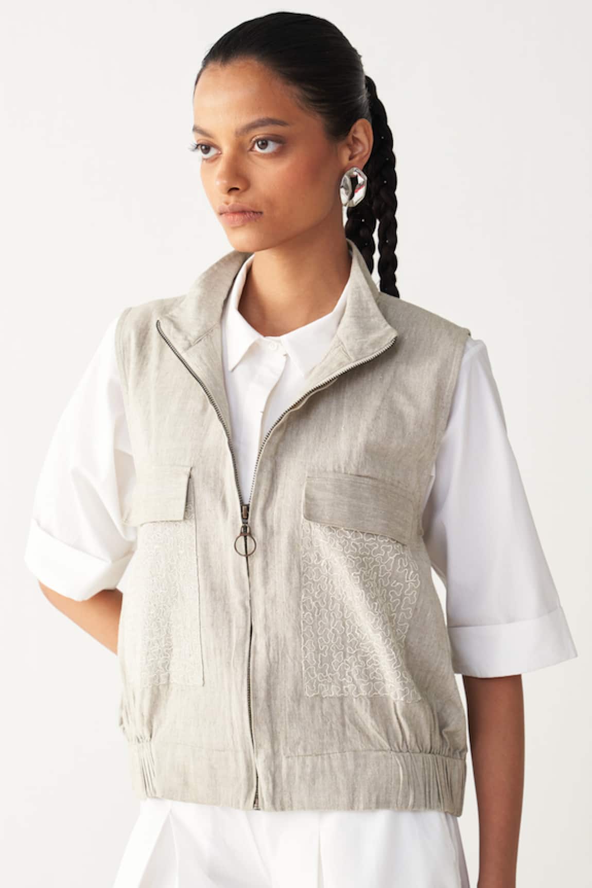 Three Sleeveless Embroidered Pocket Bomber 