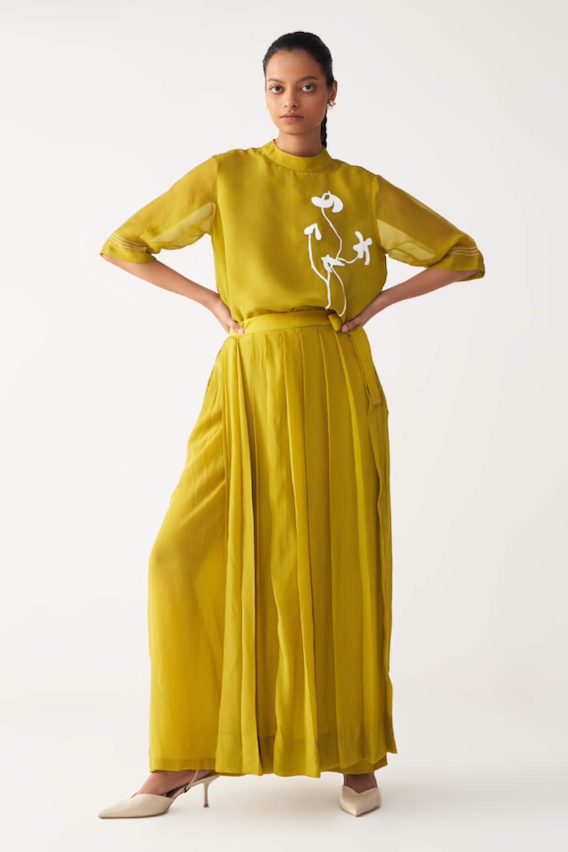 Three Pleated Silk Crepe Skirt Pant 