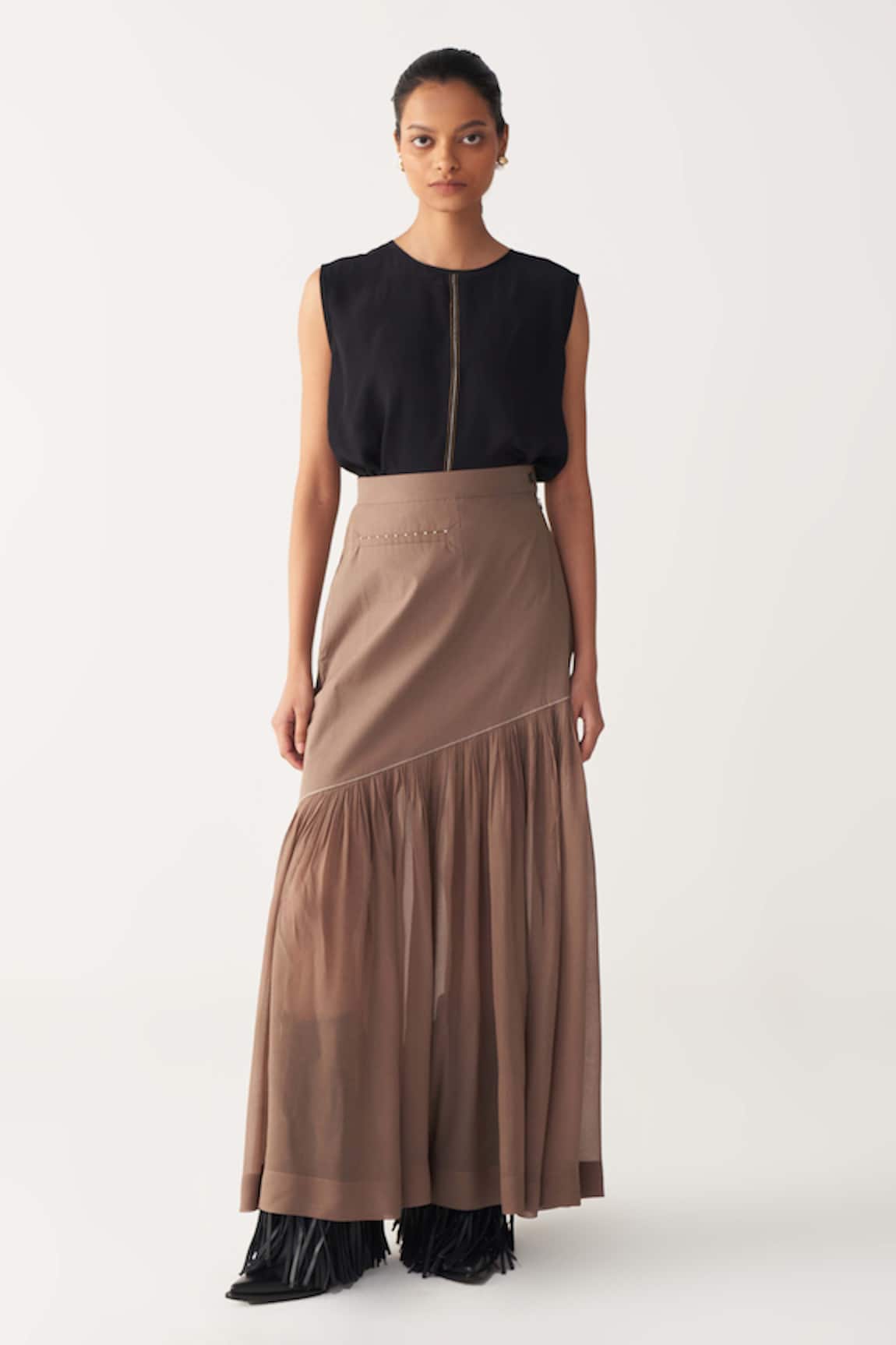 Three Cedar Brown Sheer Panel Skirt 